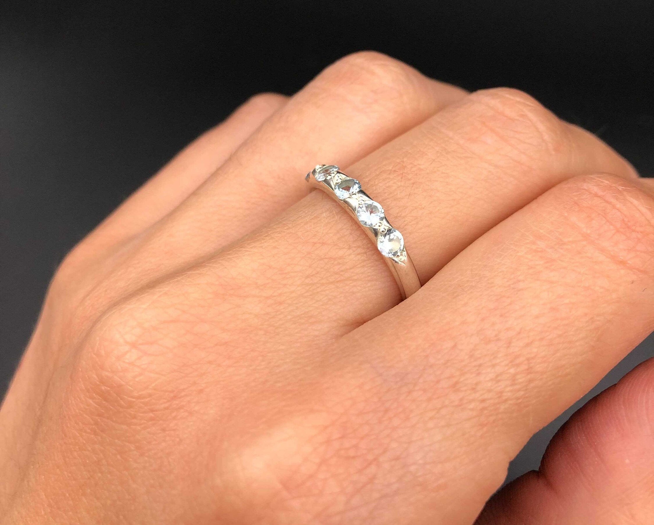 Blue Topaz Ring, Natural Topaz, Stackable Band, Half Eternity Ring, Simple Blue Band, Wedding Ring, December Birthstone, Solid Silver Ring