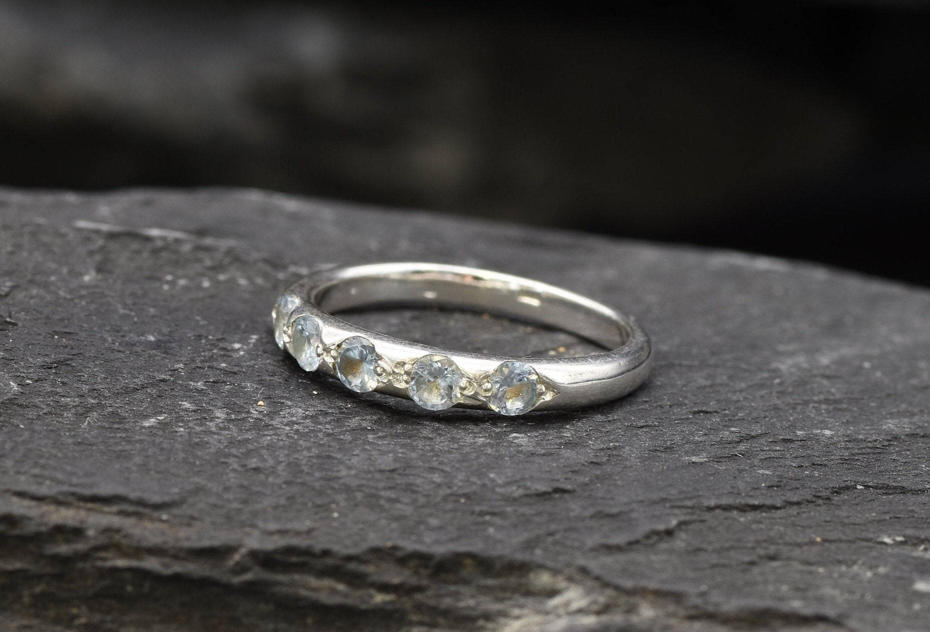 Blue Topaz Ring, Natural Topaz, Stackable Band, Half Eternity Ring, Simple Blue Band, Wedding Ring, December Birthstone, Solid Silver Ring