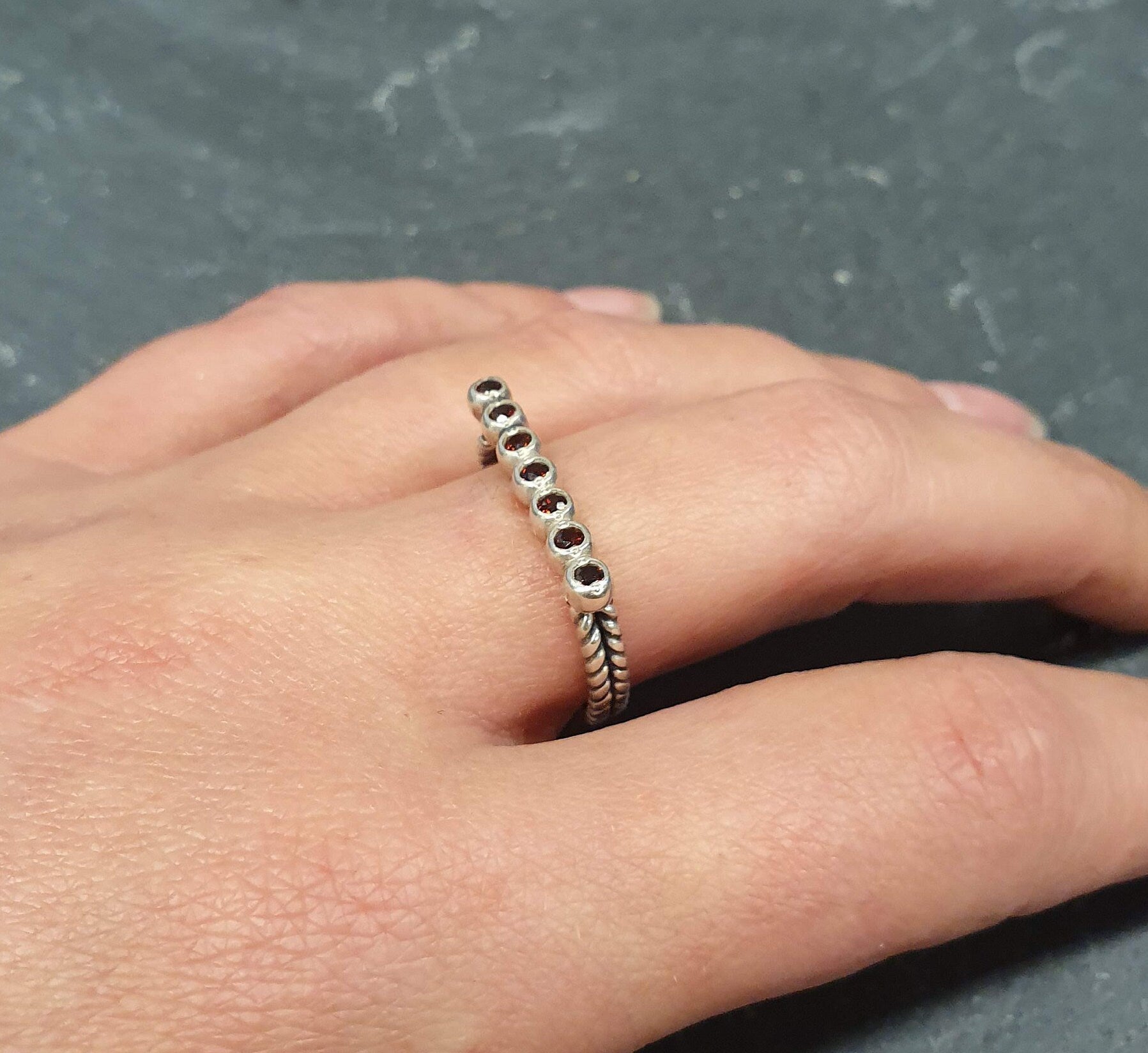 Garnet Ring, Natural Garnet, January Birthstone, Bar Ring, Vintage Ring, Silver Braided Ring, Red Diamond Ring, Red Garnet Ring, Silver Ring