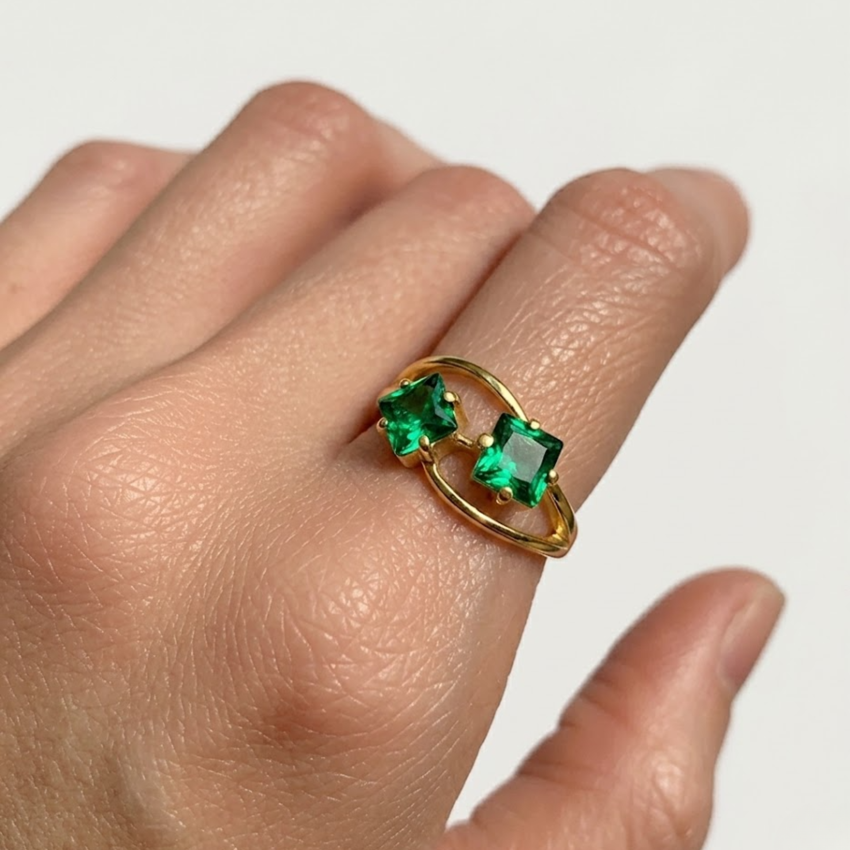 18k Gold Vermeil Emerald Ring featuring Square Created Green Emeralds, perfect May birthstone gift for any occasion.
