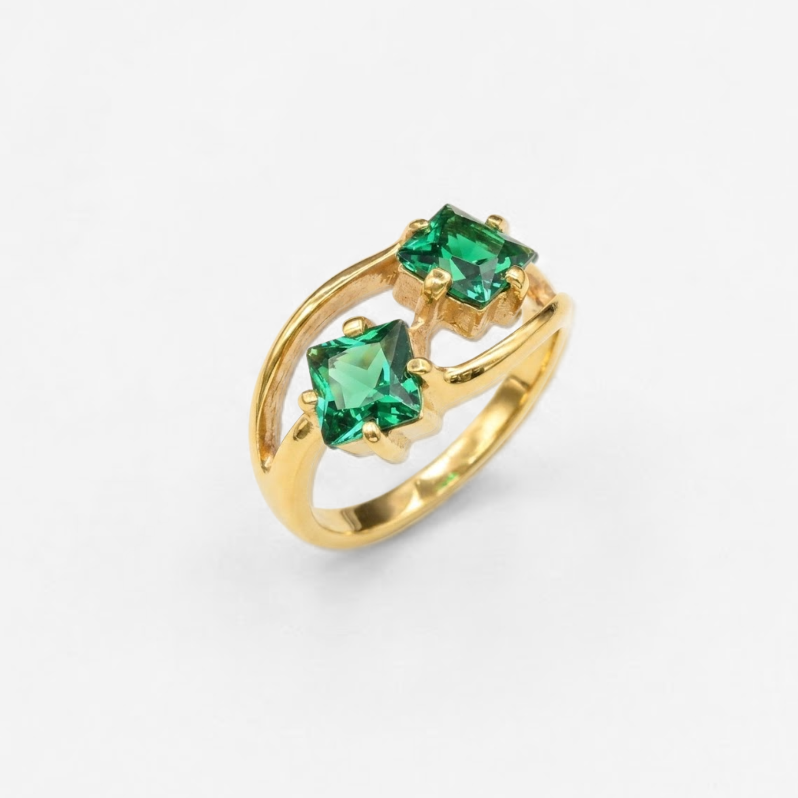 Created Emerald Ring made in 18k Gold Vermeil with Square Created Green Emerald in Two-Stone setting, May Birthstone gift idea, symbolizes, ideal for everyday wear and perfect for birthday gifting and special occasions.