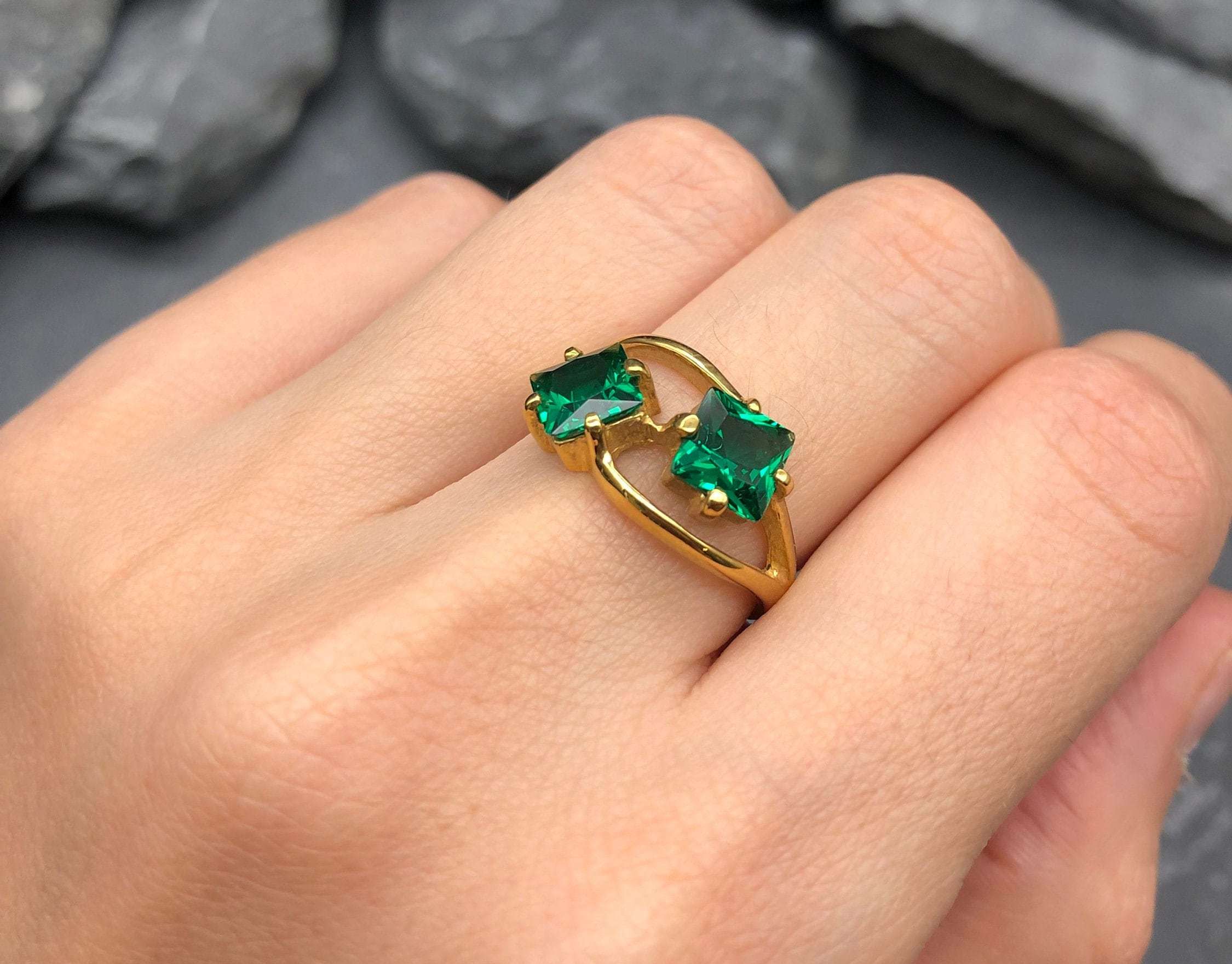 18k Gold Vermeil Emerald Ring featuring Square Created Green Emeralds, perfect May birthstone gift for any occasion.