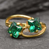 Gold Emerald Ring, Created Emerald, Two Stone Ring, Square Ring, Asymmetric Ring, Forever Us Ring, Statement Ring, Unique Ring, Gold Vermeil