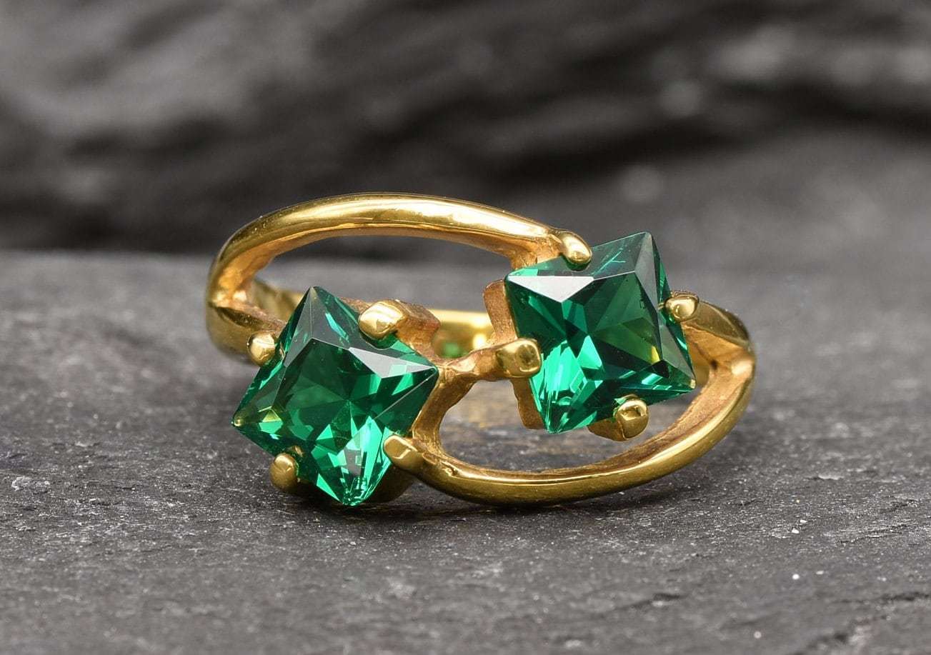 Gold Emerald Ring, Created Emerald, Two Stone Ring, Square Ring, Asymmetric Ring, Forever Us Ring, Statement Ring, Unique Ring, Gold Vermeil