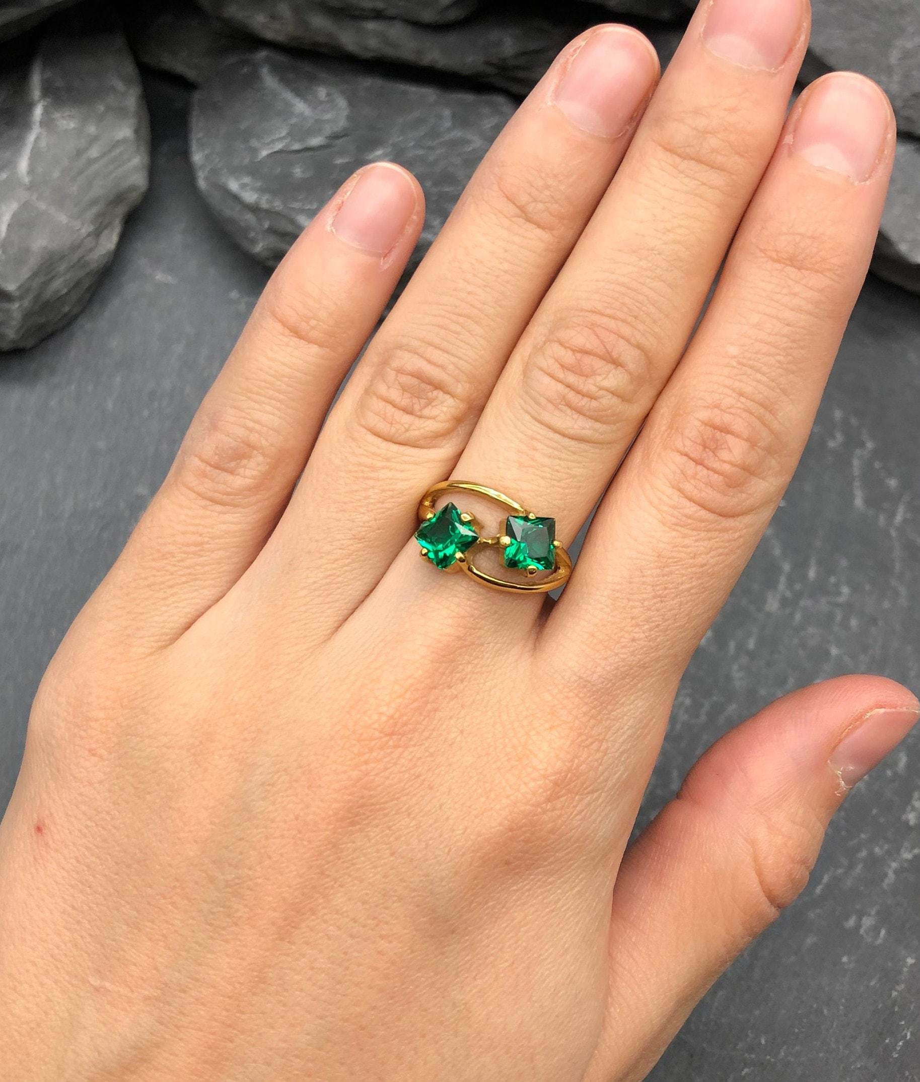 Gold Emerald Ring, Created Emerald, Two Stone Ring, Square Ring, Asymmetric Ring, Forever Us Ring, Statement Ring, Unique Ring, Gold Vermeil