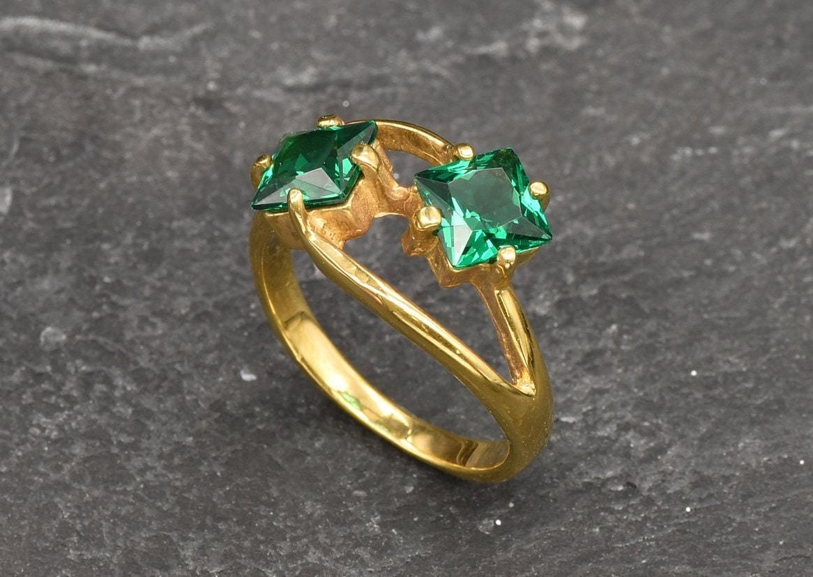 Gold Emerald Ring, Created Emerald, Two Stone Ring, Square Ring, Asymmetric Ring, Forever Us Ring, Statement Ring, Unique Ring, Gold Vermeil