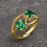 Gold Emerald Ring, Created Emerald, Two Stone Ring, Square Ring, Asymmetric Ring, Forever Us Ring, Statement Ring, Unique Ring, Gold Vermeil