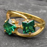 Gold Emerald Ring, Created Emerald, Two Stone Ring, Square Ring, Asymmetric Ring, Forever Us Ring, Statement Ring, Unique Ring, Gold Vermeil