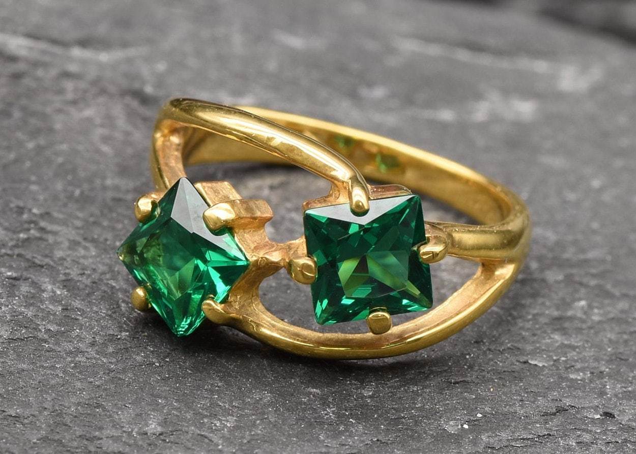 Gold Emerald Ring, Created Emerald, Two Stone Ring, Square Ring, Asymmetric Ring, Forever Us Ring, Statement Ring, Unique Ring, Gold Vermeil