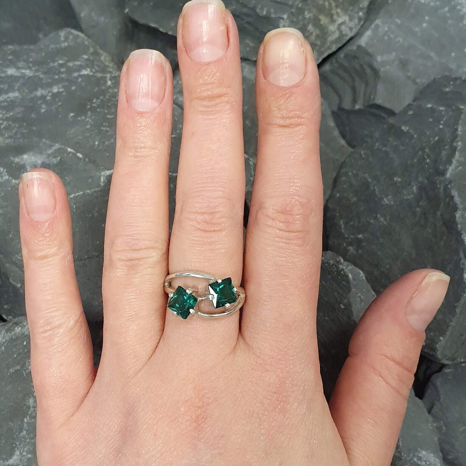 Square Created Green Emerald Ring in 925 Sterling Silver, Two-Stone setting, May Birthstone, great for special occasions.