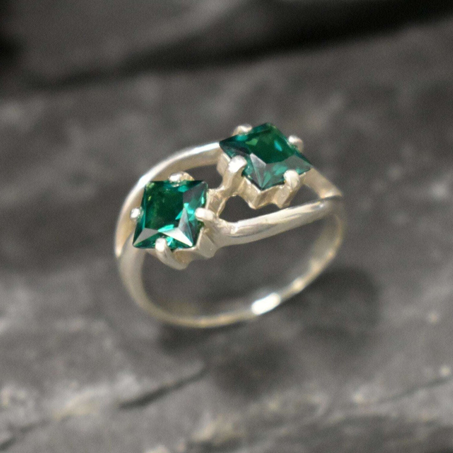 Gold Emerald Ring, Created Emerald, Two Stone Ring, Square Ring, Asymmetric Ring, Forever Us Ring, Statement Ring, Unique Ring, Gold Vermeil(2)