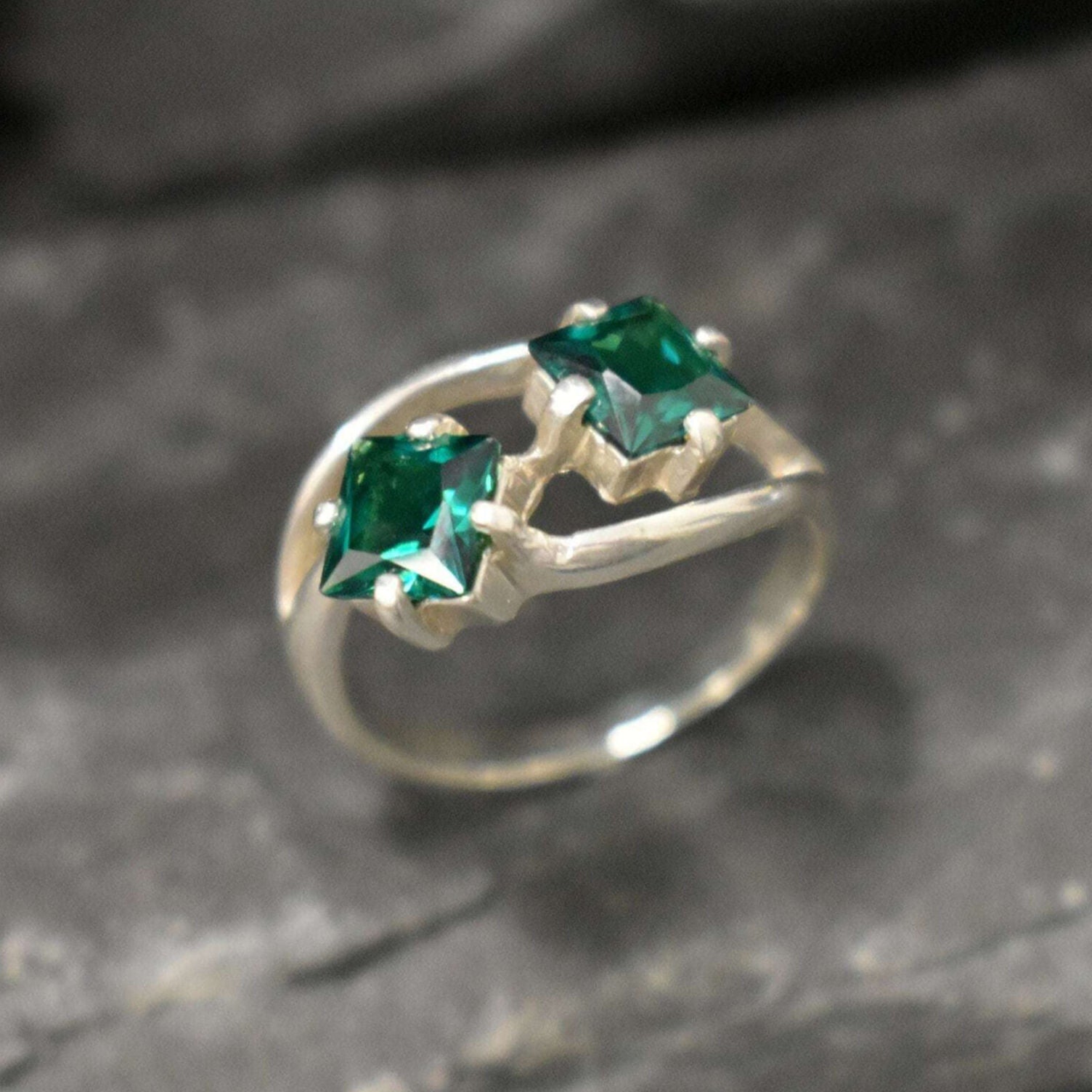 Created Emerald Ring made in 925 Sterling Silver with Square Created Green Emerald in Two-Stone setting, May Birthstone gift idea, symbolizes, ideal for everyday wear and perfect for birthday gifting and special occasions.