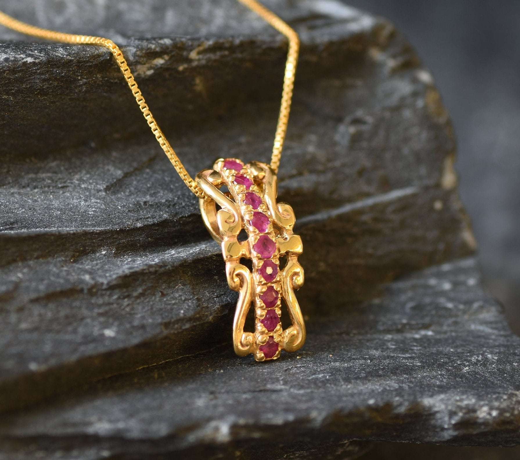 Elegant Natural Ruby Pendant in 18k Gold Vermeil, features round red ruby in Pavé setting, perfect for July birthdays and special occasions.