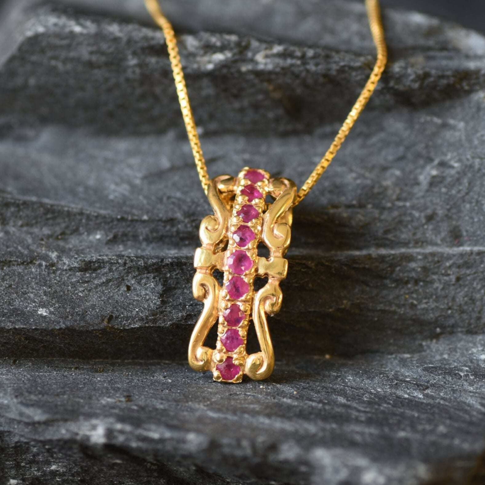 Natural Ruby Pendant made in 18k Gold Vermeil with Round Natural Red Ruby in Pavé setting, July Birthstone gift idea, symbolizes nobility, purity, and passion, ideal for everyday wear and perfect for birthday gifting and special occasions.