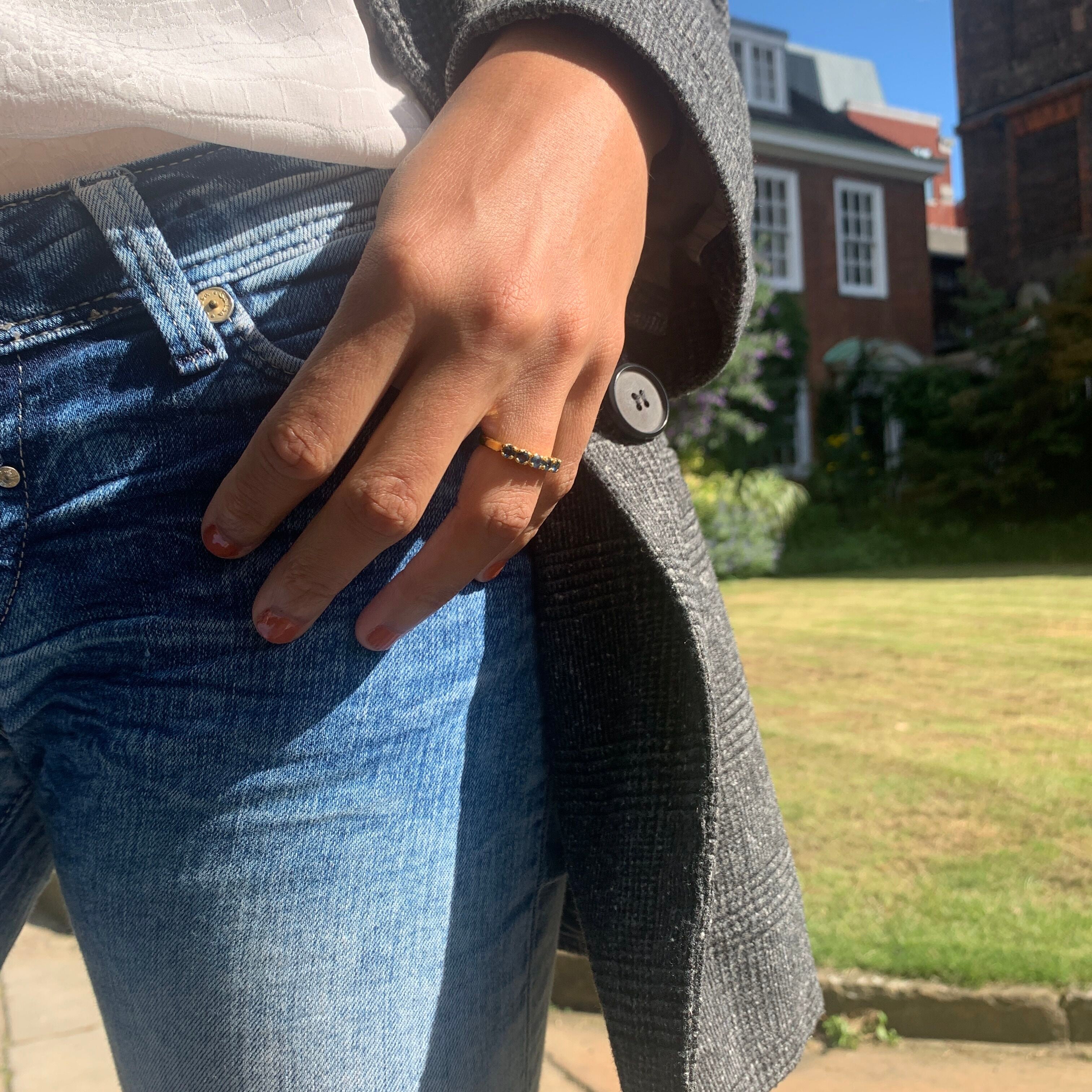 18k Gold Vermeil Natural Sapphire Ring featuring a round blue sapphire in a channel-set design, perfect for birthdays and special occasions.