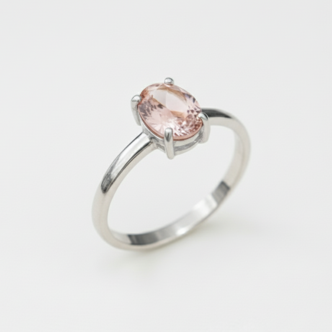 Charming Pink Oval Morganite Solitaire Ring set in 925 Sterling Silver, a beautiful choice for birthdays and special moments.