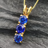 Three Stone Sapphire Necklace - Gold Sapphire Pendant - Blue Trilogy Necklace