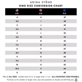 Ring Size conversion chart, ring sizes US to UK to EU sizes, most accurate ring size conversion chart Adina Stone rings.