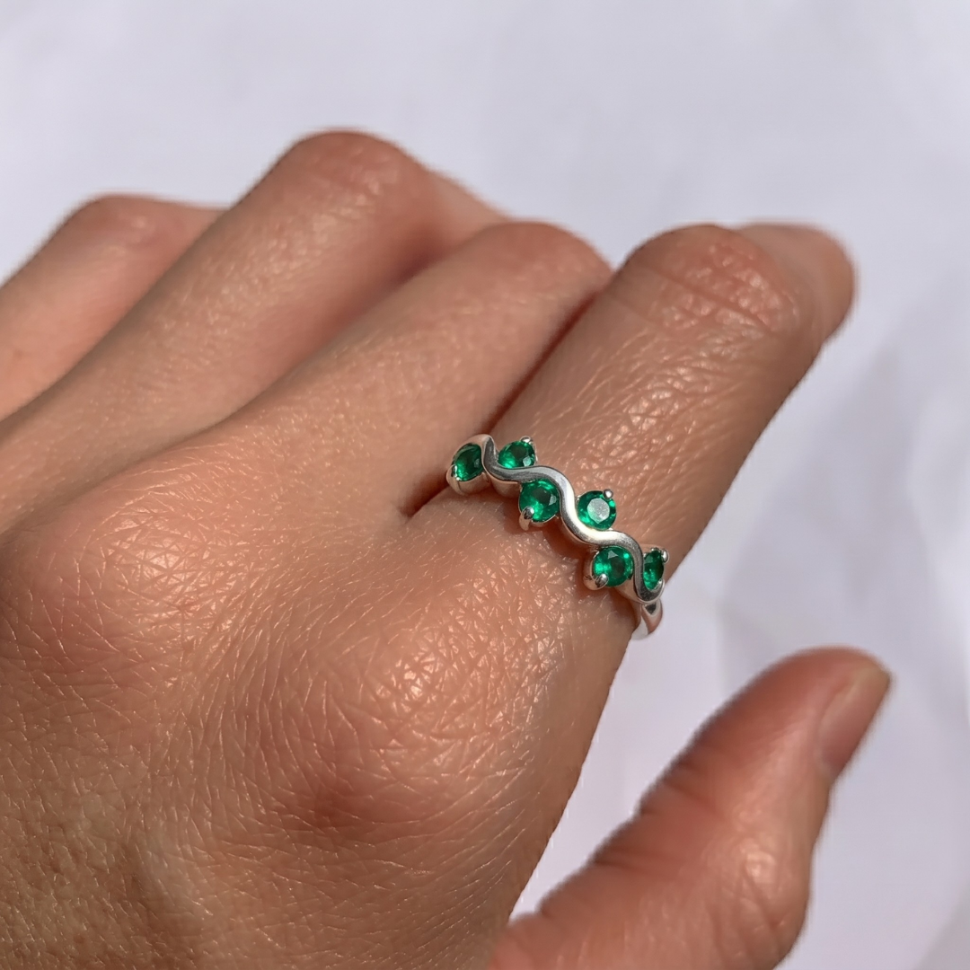 Sleek 925 Sterling Silver ring featuring a round Created Green Emerald, perfect for any occasion or as a May birthstone gift.