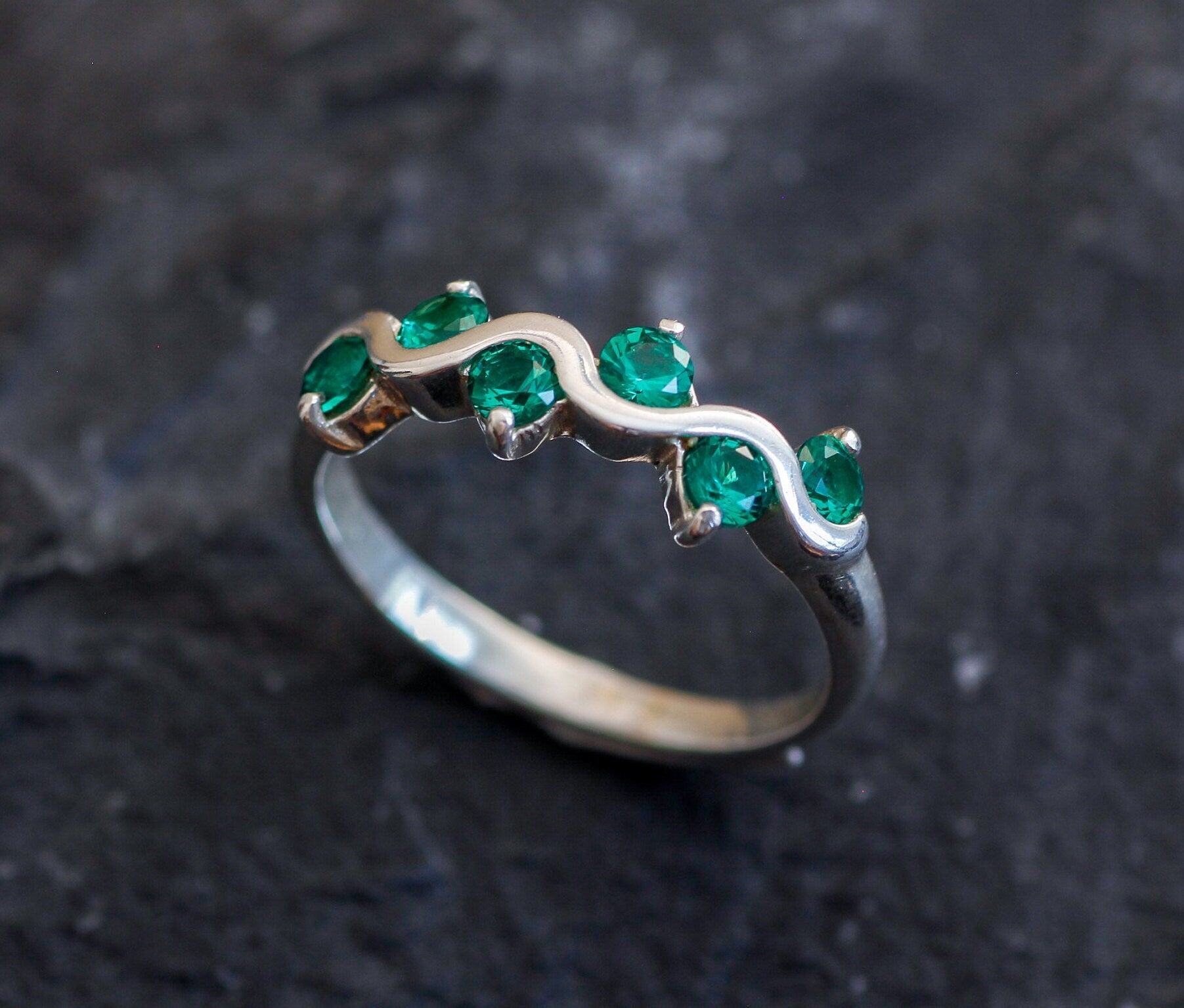 Created Emerald Ring made in 925 Sterling Silver with Round Created Green Emerald in Channel-Set setting, May Birthstone gift idea, symbolizes, ideal for everyday wear and perfect for birthday gifting and special occasions.