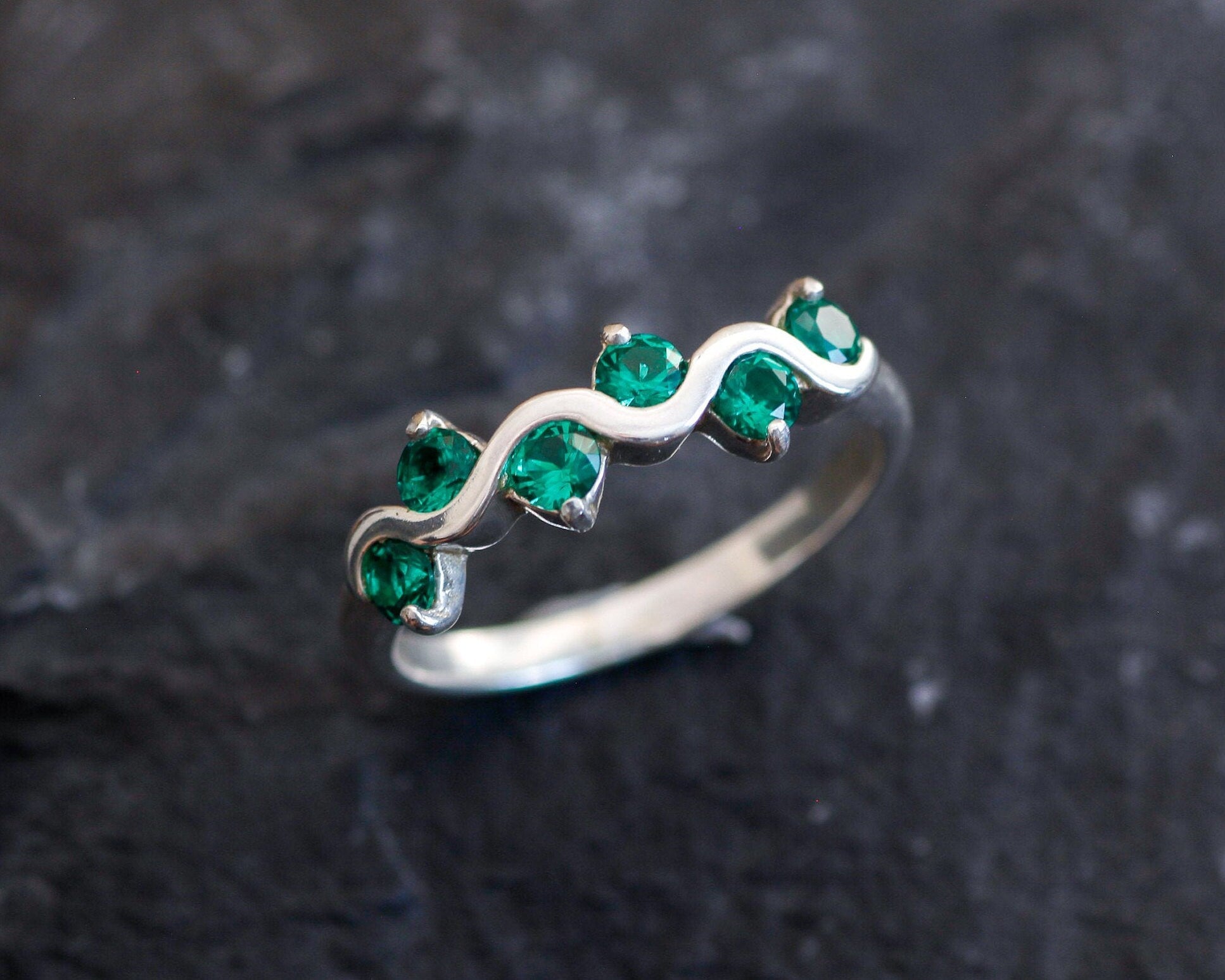 Sleek 925 Sterling Silver ring featuring a round Created Green Emerald, perfect for any occasion or as a May birthstone gift.