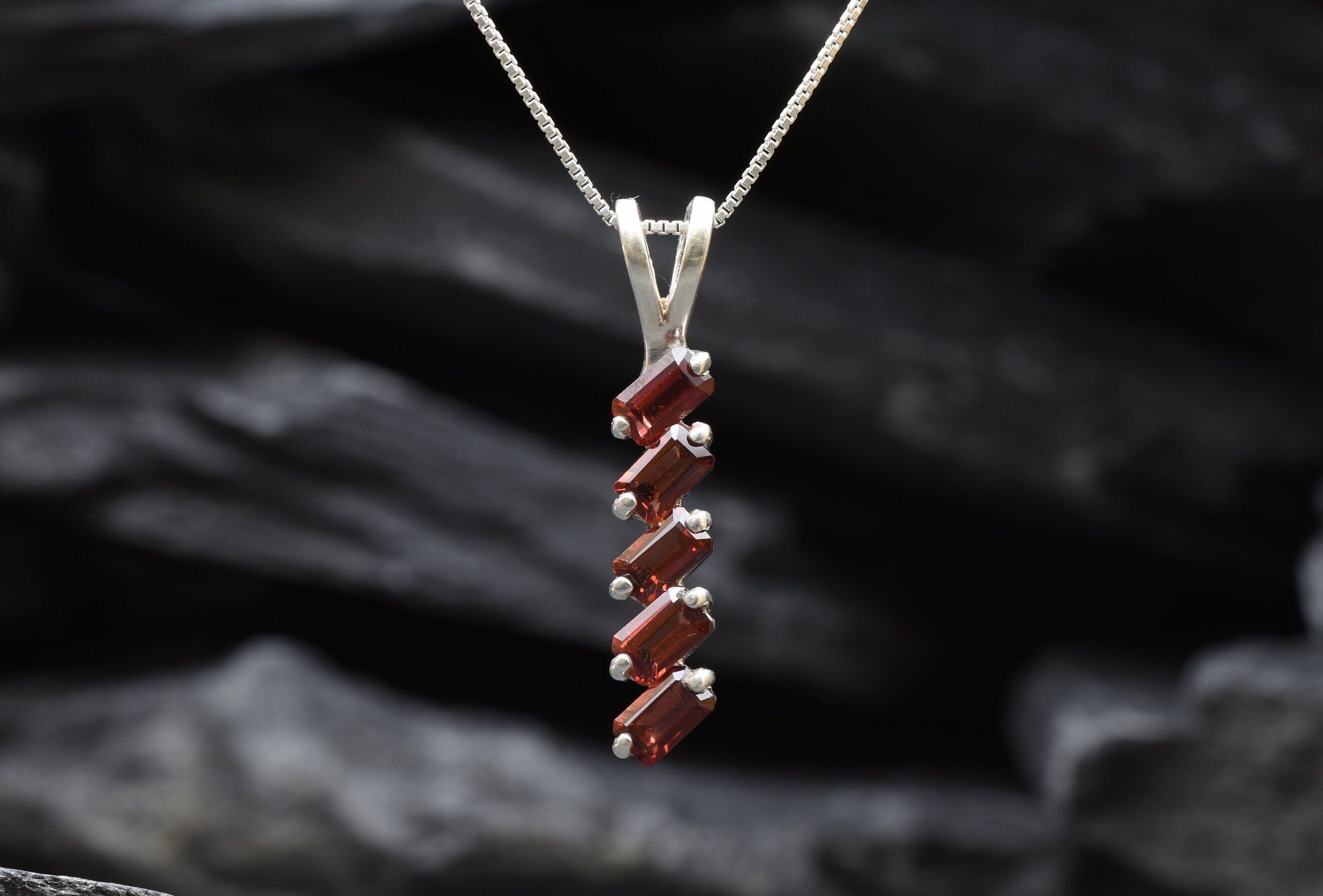 Garnet Necklace, Red Baguette Pendant, Natural Garnet, Layering Pendant, Y Necklace, Minimalist Pendant, Vertical Drop Pendant, Solid Silver