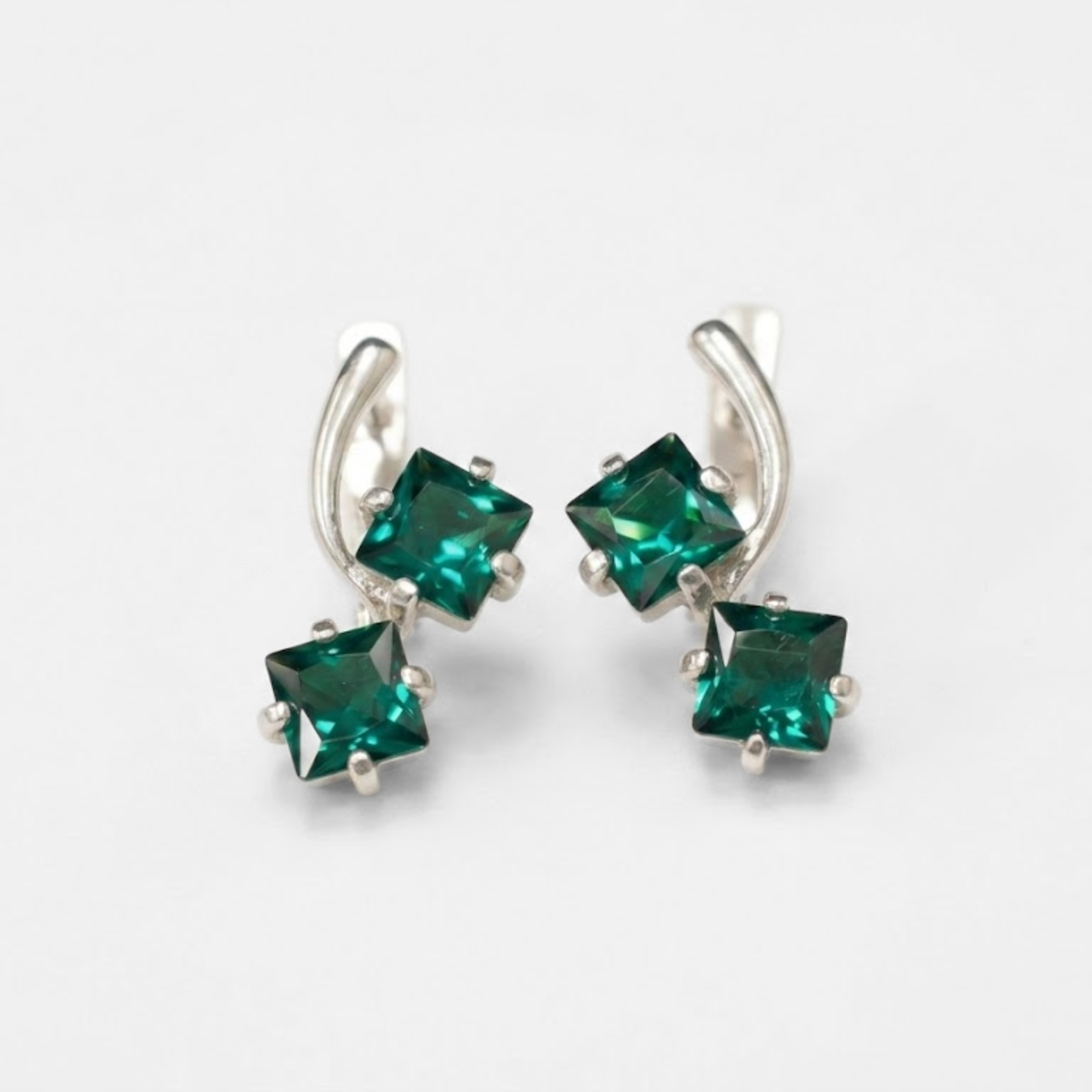 Created Emerald Earrings made in 925 Sterling Silver with Square Created Green Emerald in Two-Stone setting, May Birthstone gift idea, symbolizes, ideal for everyday wear and perfect for birthday gifting and special occasions.