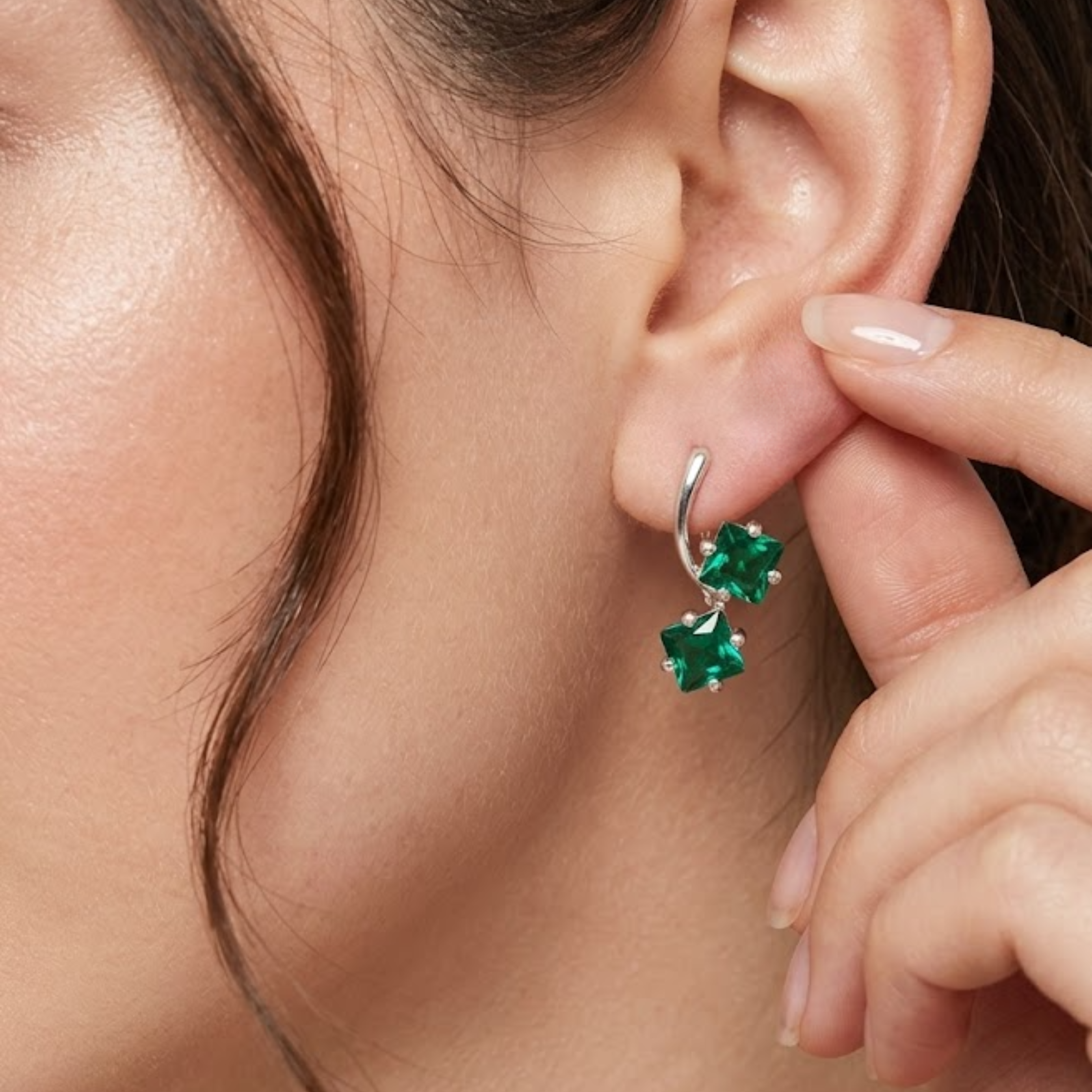 Emerald Earrings in 925 Sterling Silver featuring a stunning Square Created Green Emerald, perfect for May birthdays.