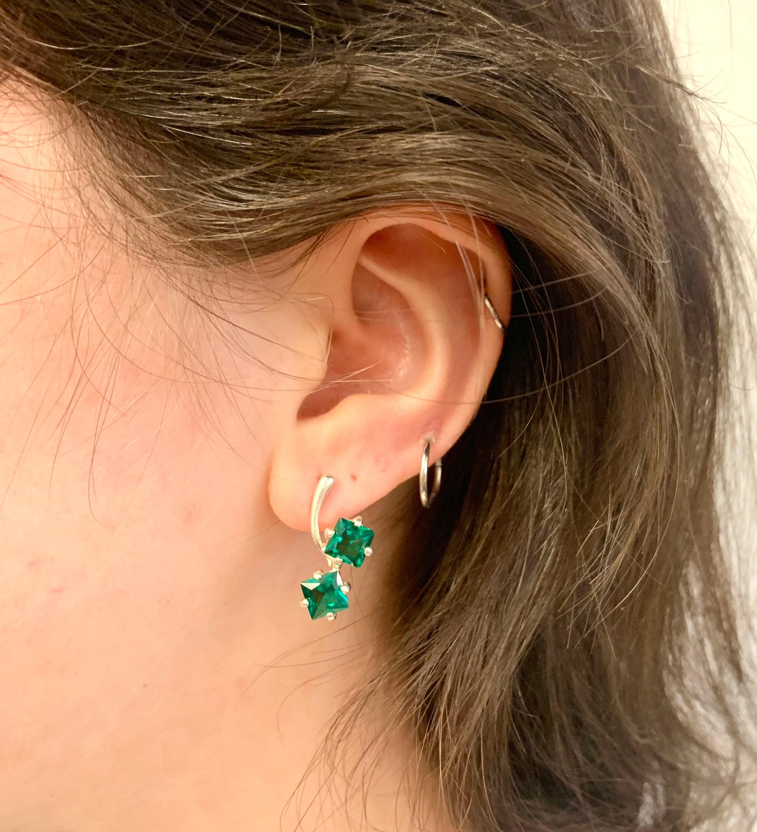 Emerald Earrings in 925 Sterling Silver featuring a stunning Square Created Green Emerald, perfect for May birthdays.