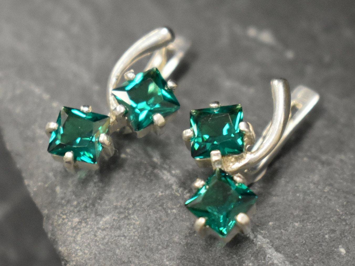 Created Emerald Earrings made in 925 Sterling Silver with Square Created Green Emerald in Two-Stone setting, May Birthstone gift idea, symbolizes, ideal for everyday wear and perfect for birthday gifting and special occasions.