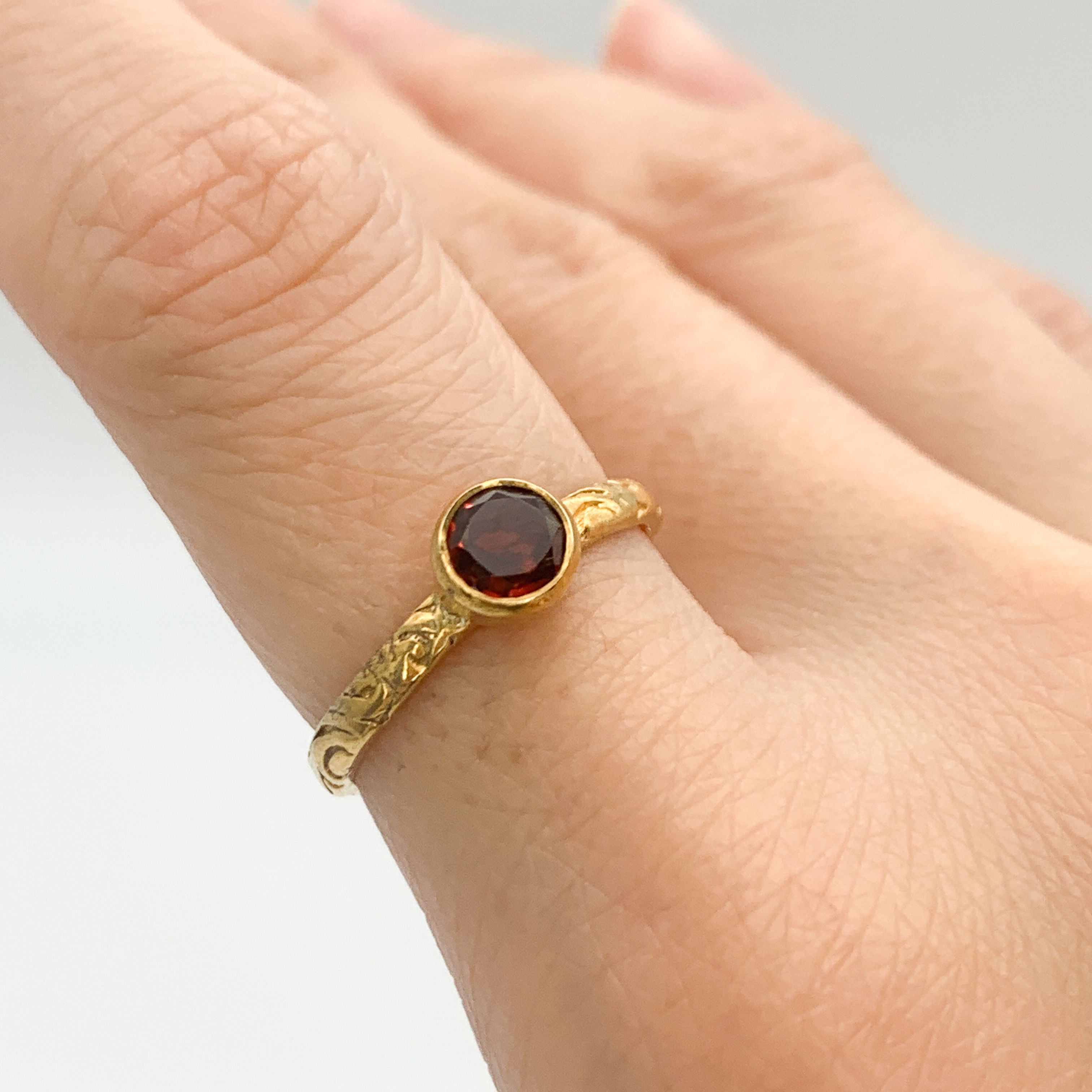 Gold Garnet Ring, Embossed Band, Red Boho Ring, Natural Garnet, Stackable Ring, Gold Plated Ring, January Birthstone, Bohemian Band, Vermeil