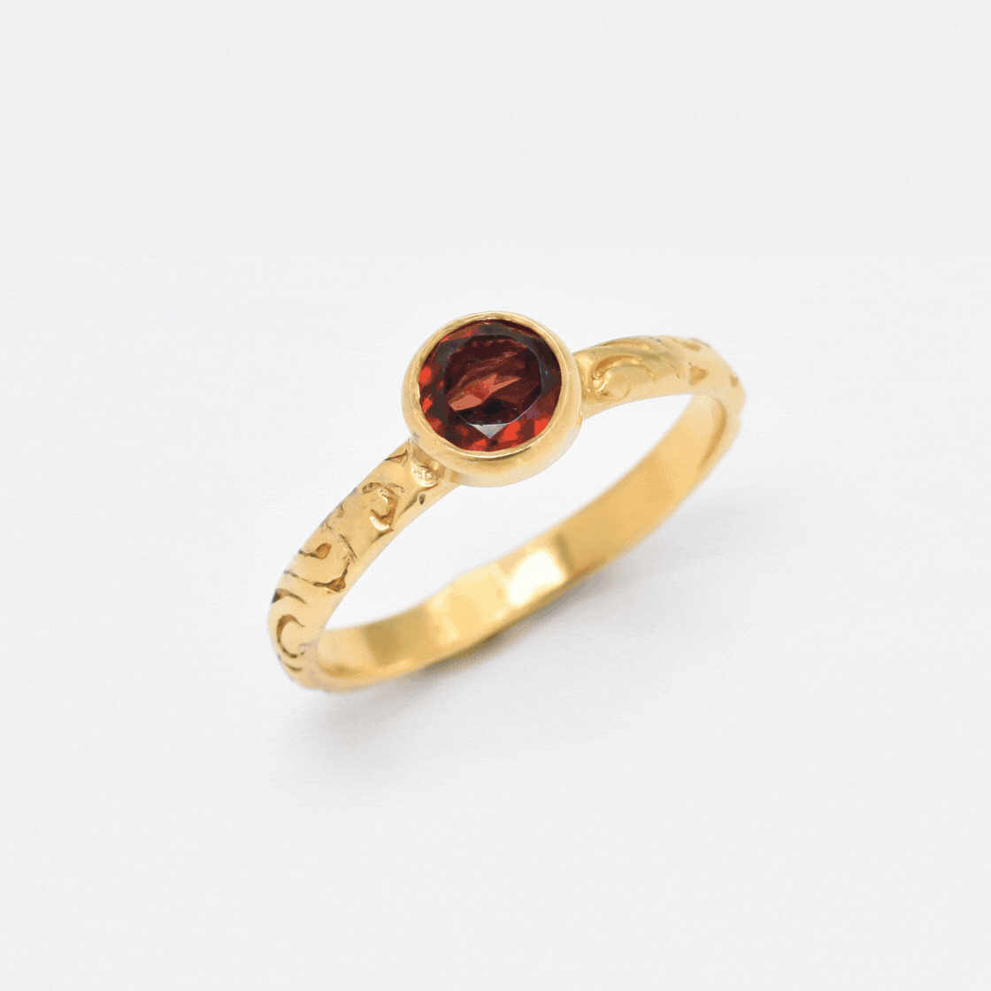 Gold Garnet Ring, Embossed Band, Red Boho Ring, Natural Garnet, Stackable Ring, Gold Plated Ring, January Birthstone, Bohemian Band, Vermeil