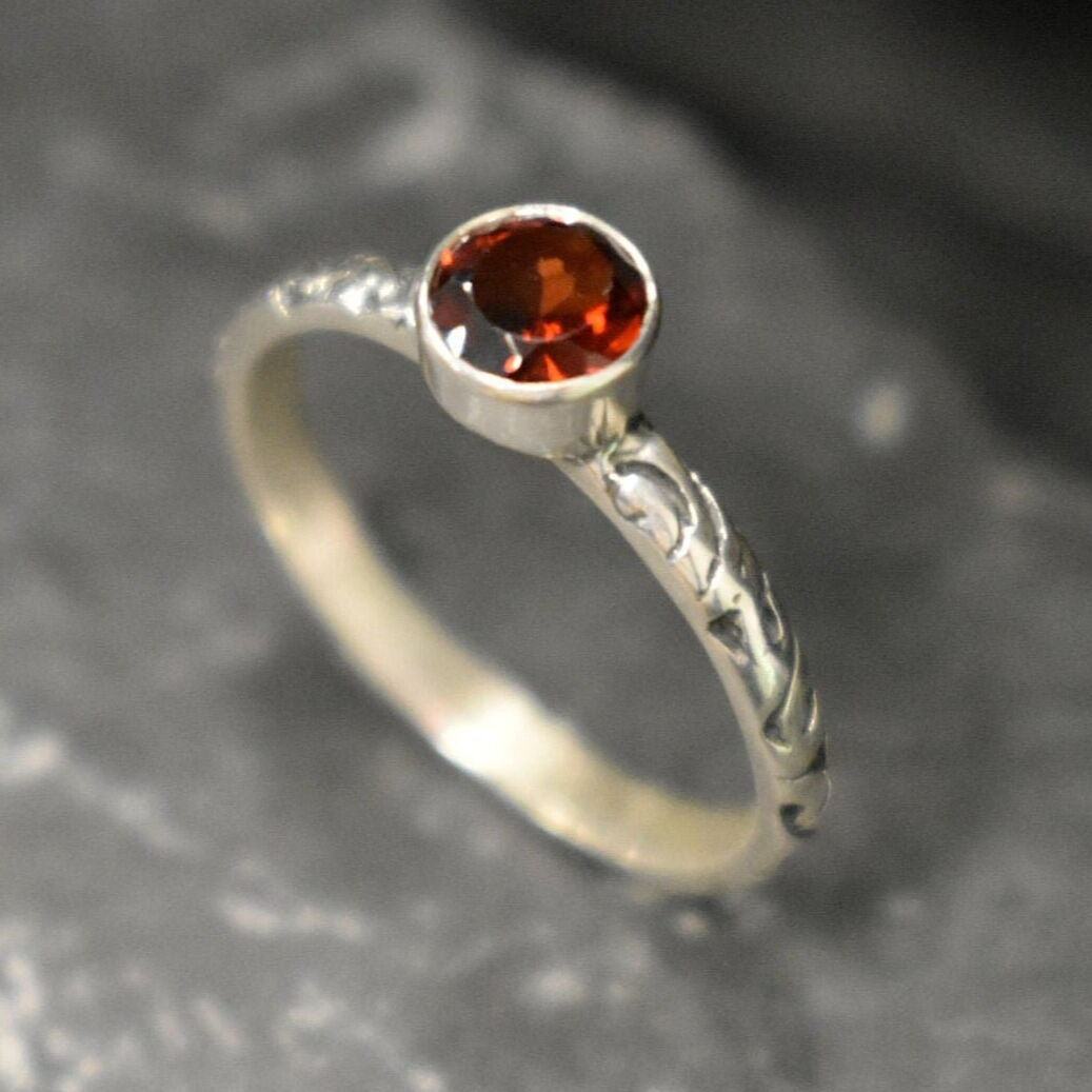 Gold Garnet Ring, Embossed Band, Red Boho Ring, Natural Garnet, Stackable Ring, Gold Plated Ring, January Birthstone, Bohemian Band, Vermeil(2)