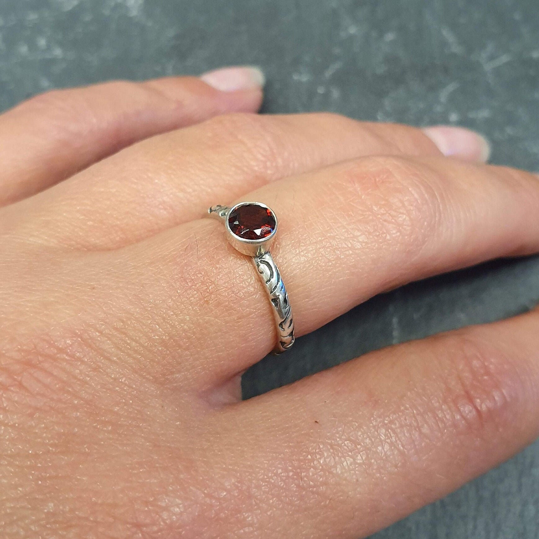 Gold Garnet Ring, Embossed Band, Red Boho Ring, Natural Garnet, Stackable Ring, Gold Plated Ring, January Birthstone, Bohemian Band, Vermeil(2)