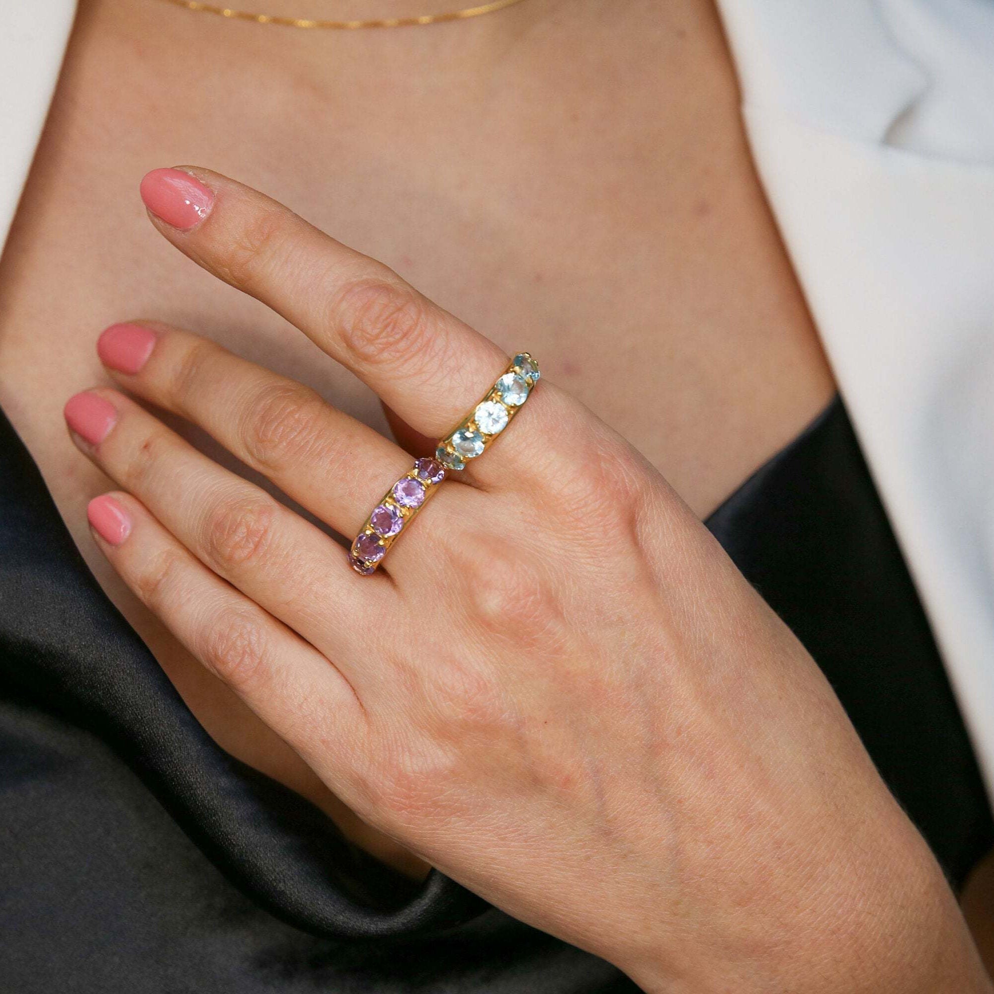 Gold Aquamarine Ring, Created Aqua Ring, Wide Blue Ring, Stackable Ring, 18K Gold Plated Ring, Thick Band, Blue Aqua Ring, Statement Ring