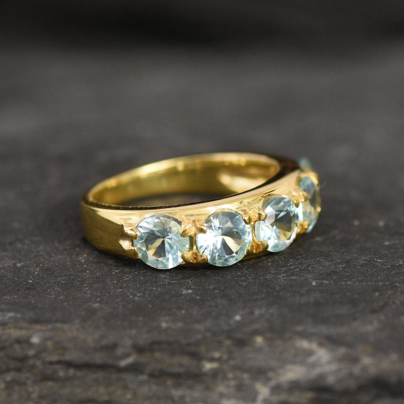 Gold Aquamarine Ring, Created Aqua Ring, Wide Blue Ring, Stackable Ring, 18K Gold Plated Ring, Thick Band, Blue Aqua Ring, Statement Ring