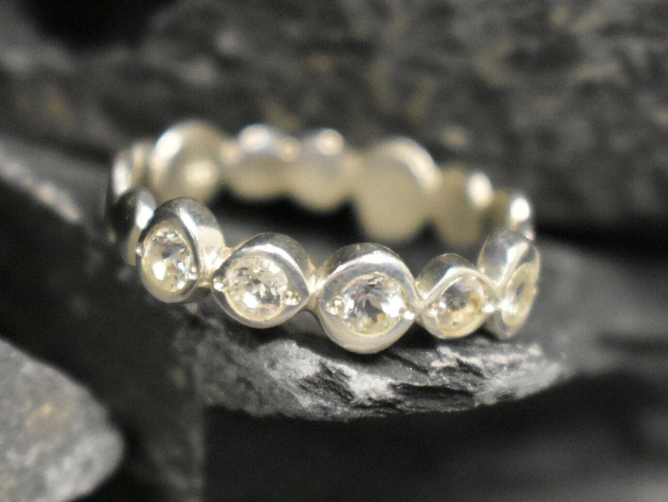 White Topaz Band, Diamond Band, Solid Silver Band, Stackable Band, Dainty Ring, Bohemian Band, Everyday Wear Band, Wedding Band, Boho Ring