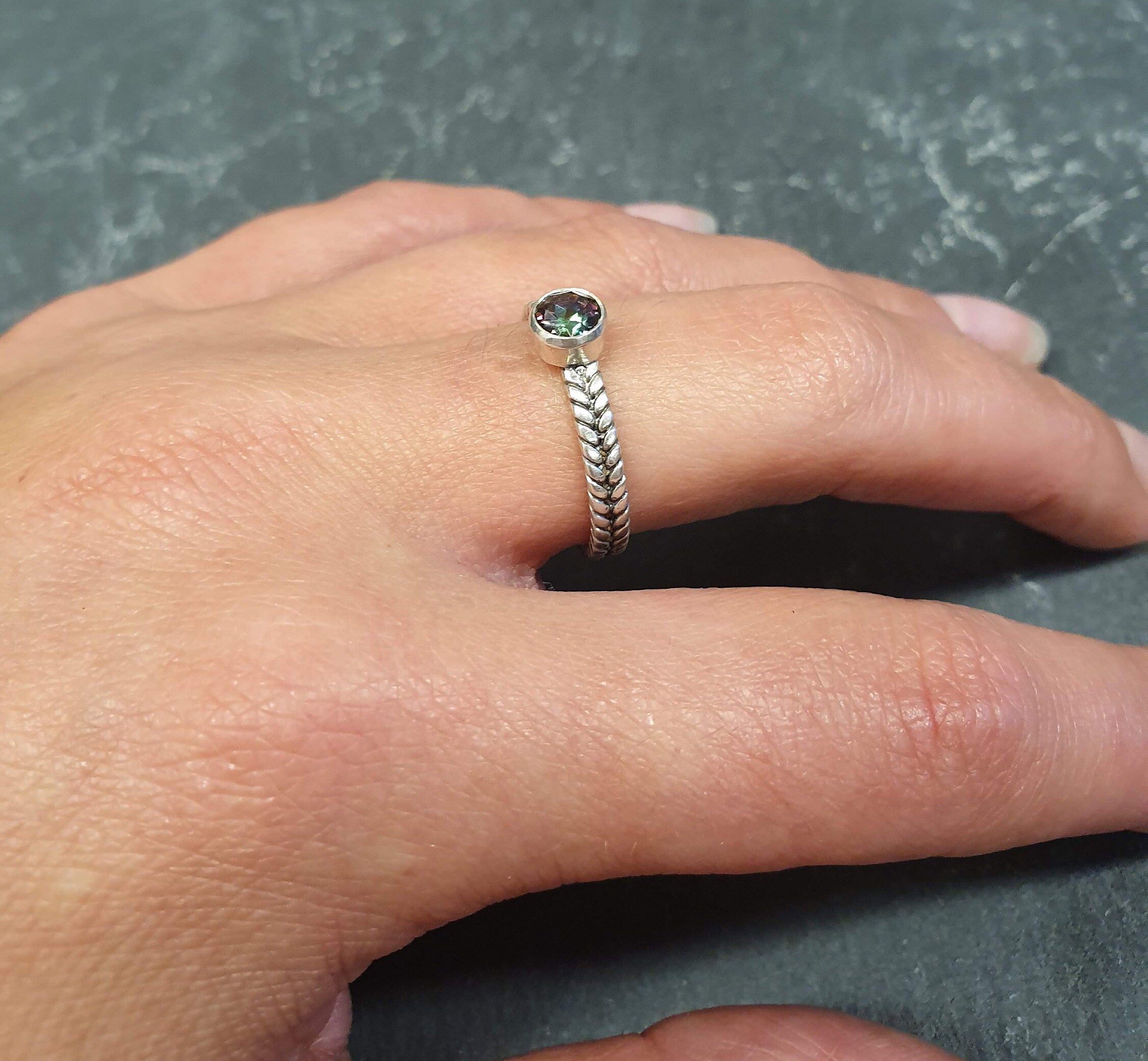 Mystic Topaz Solitaire, Stackable Ring, Dainty Ring, Solitaire Ring, December Mystic Topaz Ring, Braided Band, Rope Ring, Solid Silver Ring
