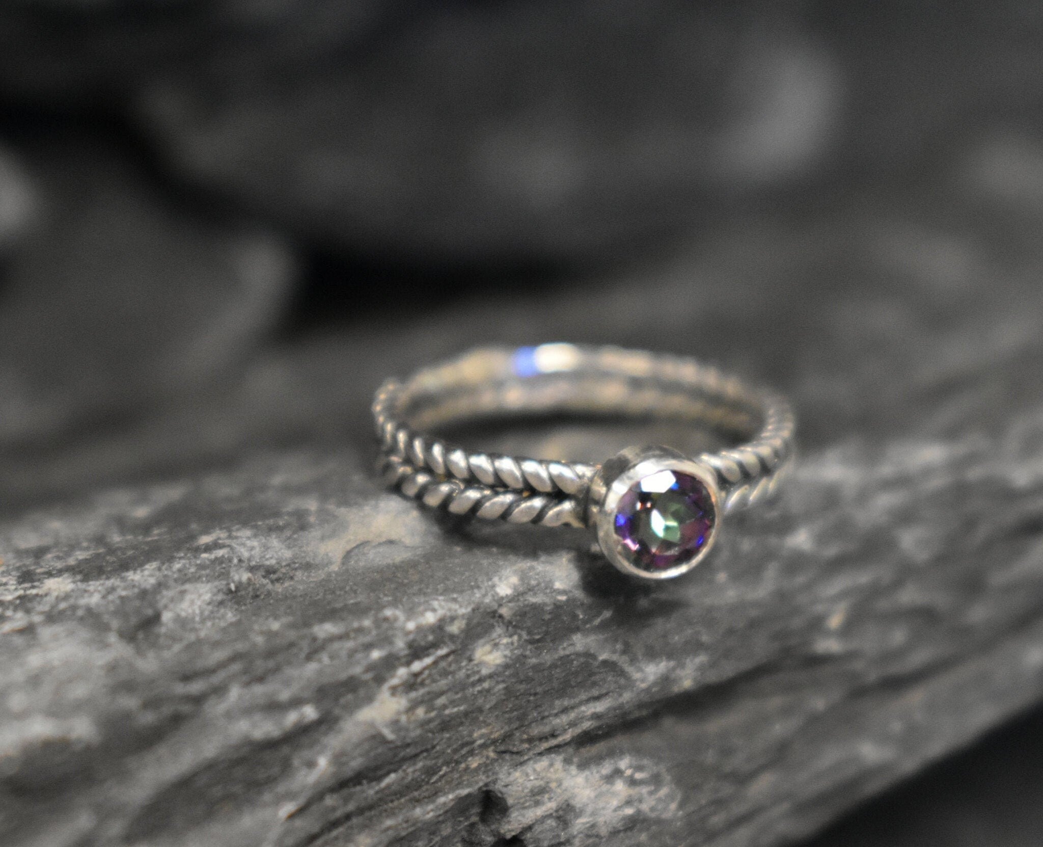 Mystic Topaz Solitaire, Stackable Ring, Dainty Ring, Solitaire Ring, December Mystic Topaz Ring, Braided Band, Rope Ring, Solid Silver Ring