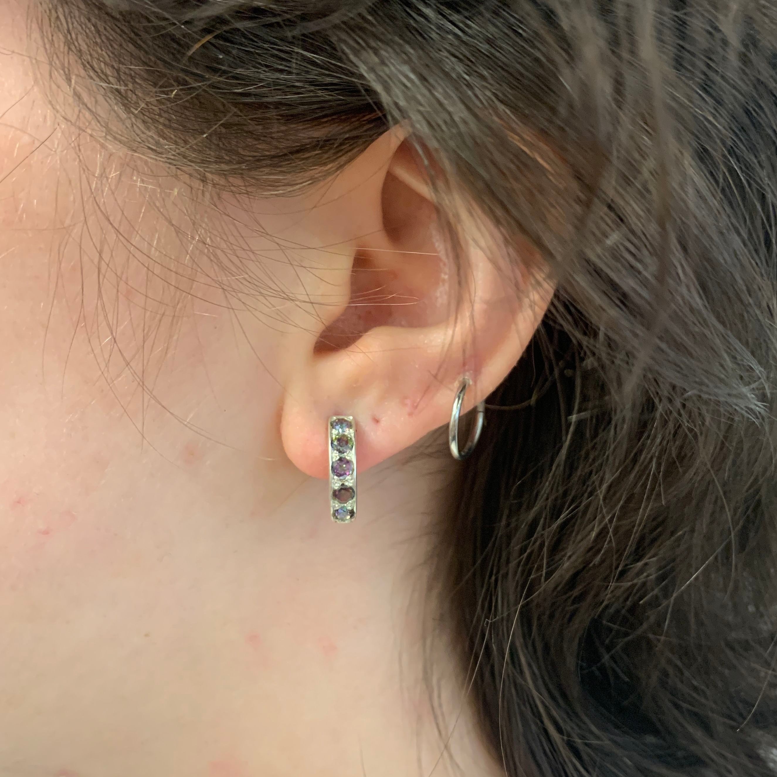 Dainty Hoop Earrings, Natural Mystic Topaz, Small Hoops, Mystic Topaz Studs, Small Purple Huggies, December Birthstone, 925 Silver Earrings