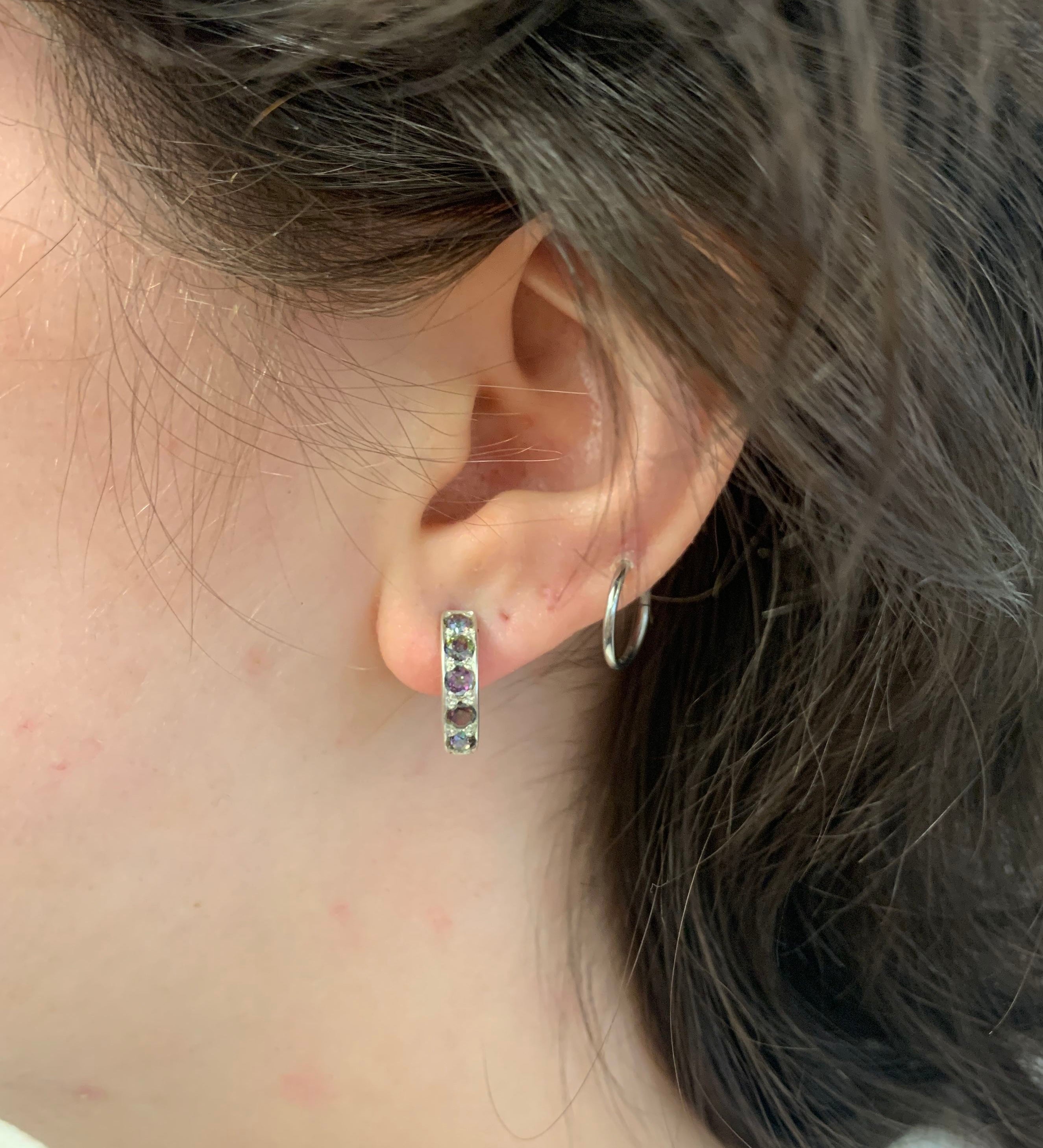 Dainty Hoop Earrings, Natural Mystic Topaz, Small Hoops, Mystic Topaz Studs, Small Purple Huggies, December Birthstone, 925 Silver Earrings