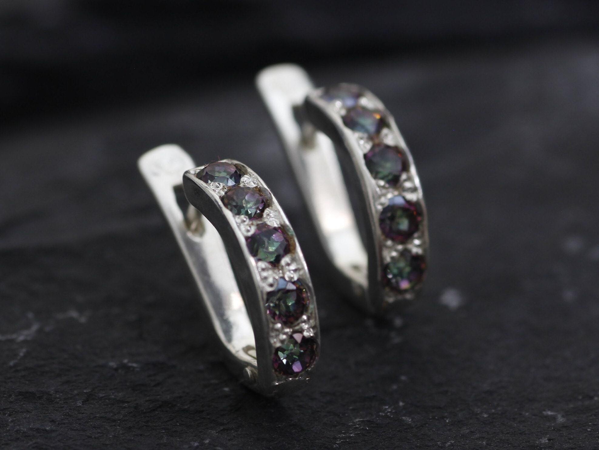 Dainty Hoop Earrings, Natural Mystic Topaz, Small Hoops, Mystic Topaz Studs, Small Purple Huggies, December Birthstone, 925 Silver Earrings