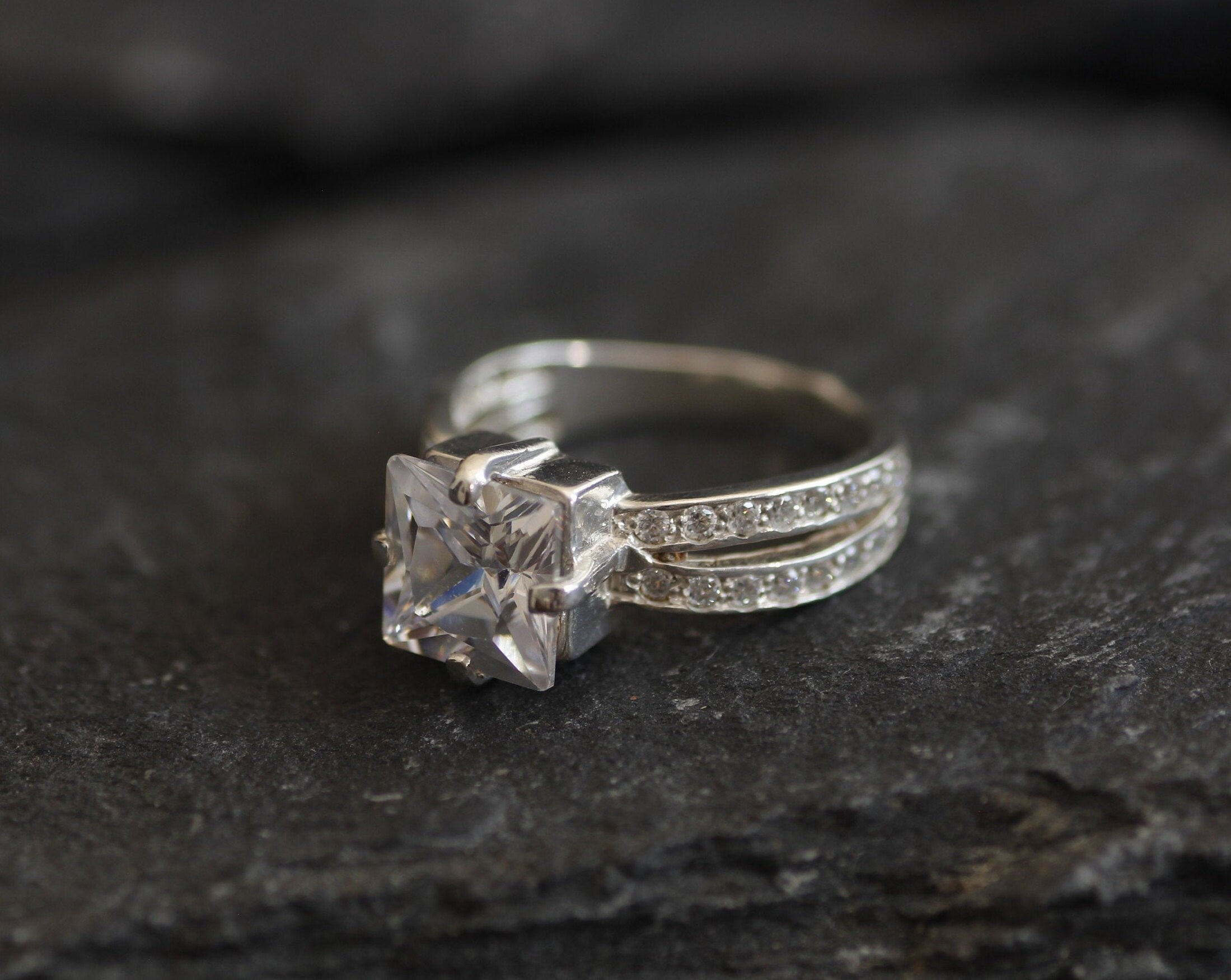 Engagement Ring, Created CZ Diamond, Antique Ring, Princess Cut Ring, Promise Ring, Proposal Ring, Solitaire Ring, 3 Carat Ring, Silver Ring