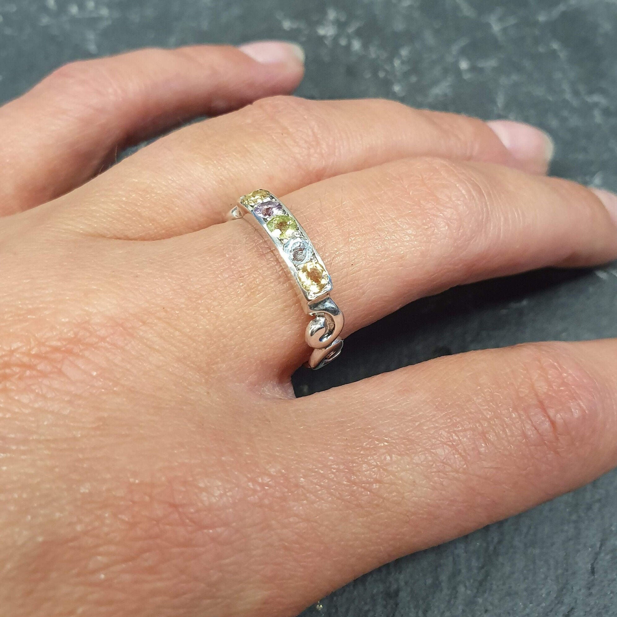 Topaz Band, Vintage Band, Ornament Band, Stackable Ring, Birthstone Ring, Colorful Multistone Band, Amethyst, Peridot, Citrine, Silver Ring