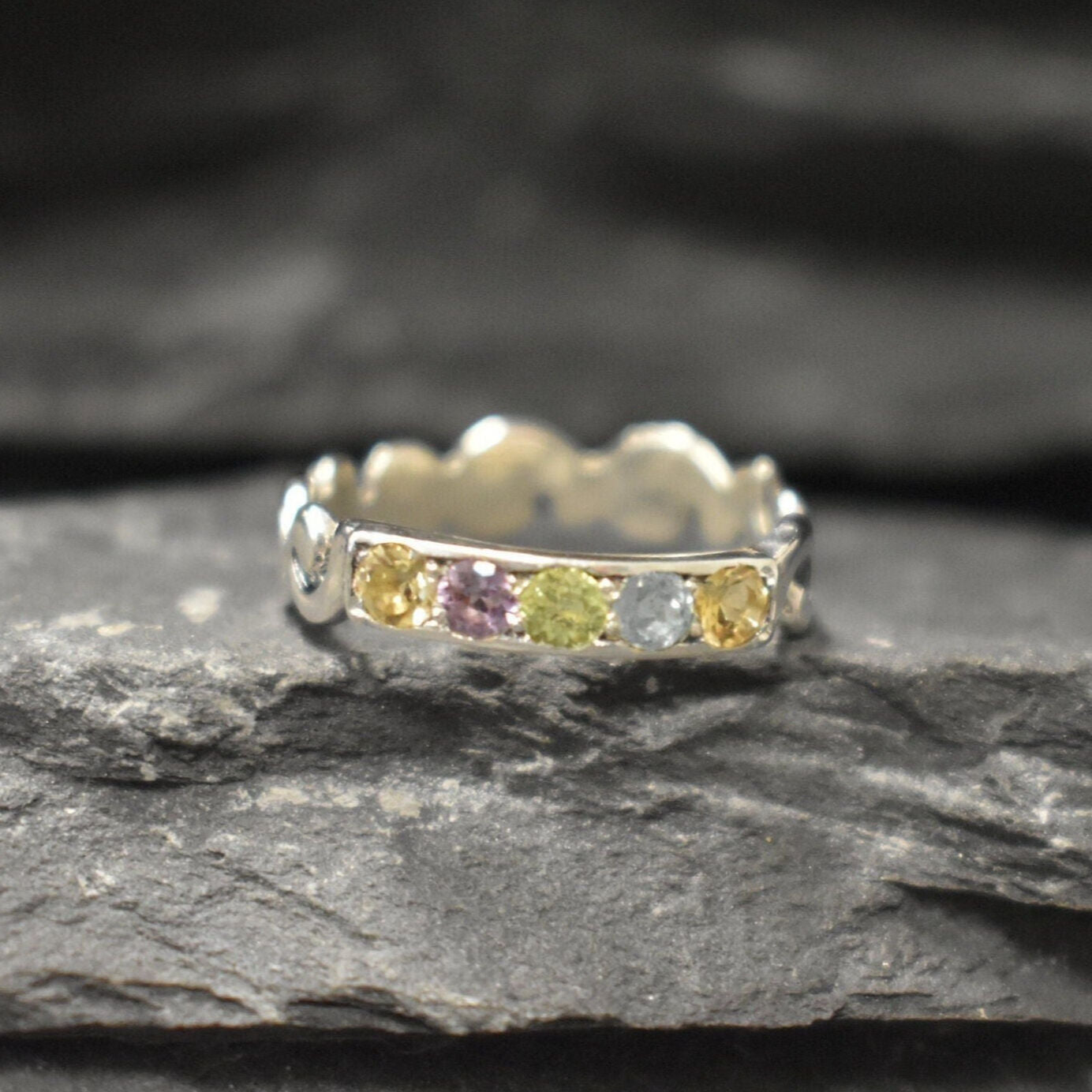 Topaz Band, Vintage Band, Ornament Band, Stackable Ring, Birthstone Ring, Colorful Multistone Band, Amethyst, Peridot, Citrine, Silver Ring