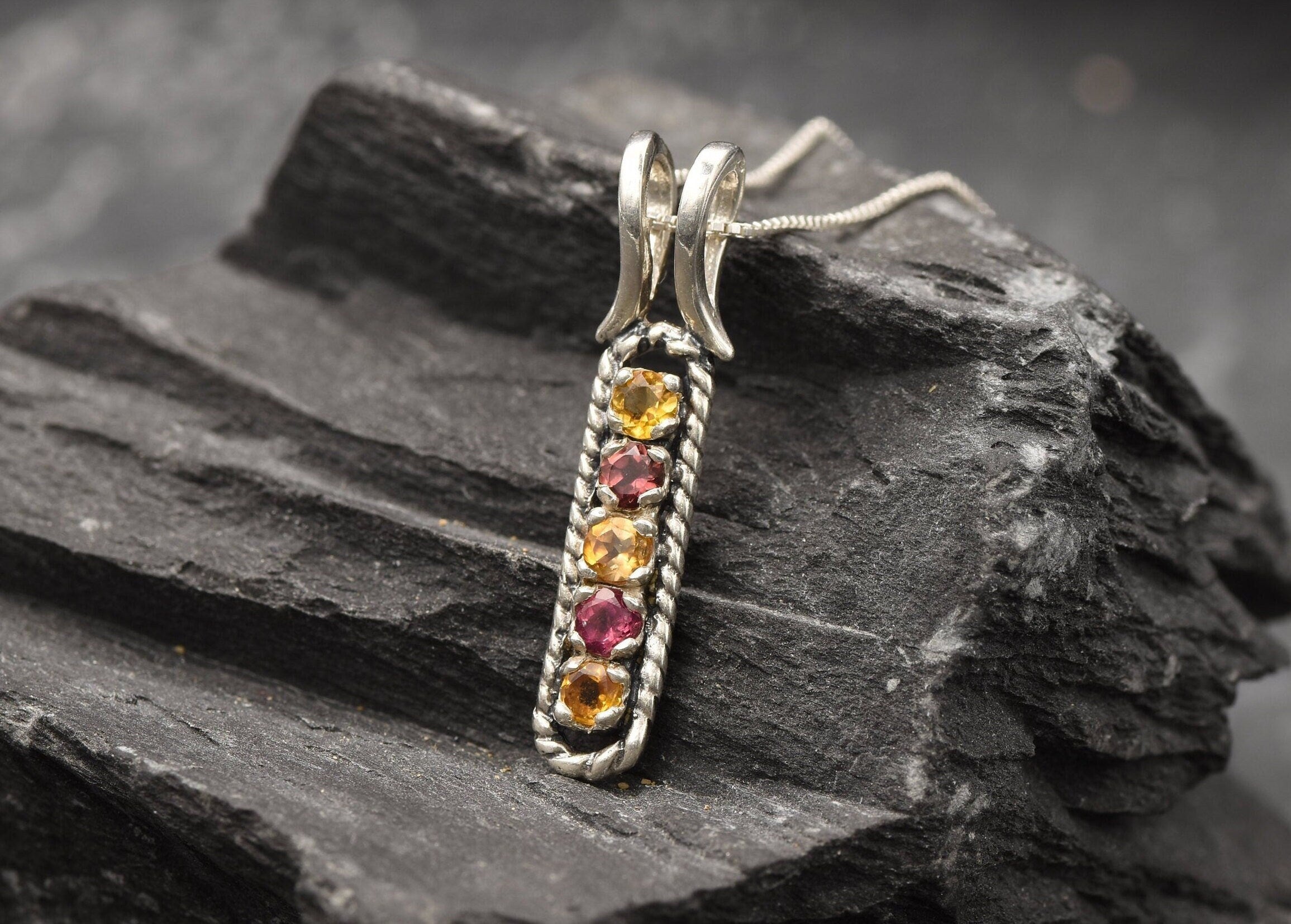 Tourmaline Necklace, Vintage Pendant, Pink Tourmaline, Yellow Tourmaline, October Birthstone, Vertical Pendant, Antique Necklace, 925 Silver