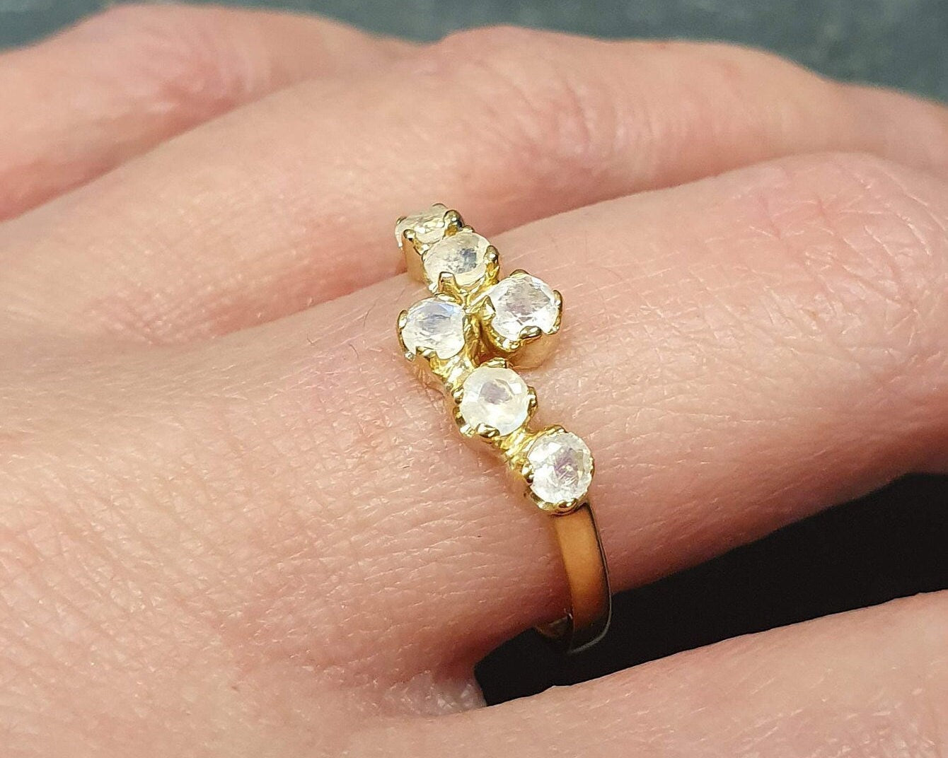 Moonstone Band, Rose Gold Ring, Natural Rainbow Moonstone, June Birthstone, Asymmetric Ring, Stackable Band, Gold Plated Ring, Vermeil Ring