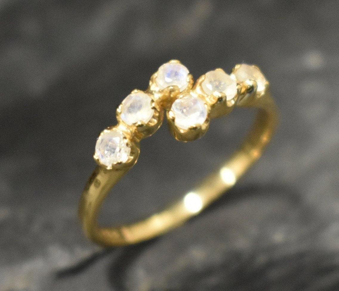 Moonstone Band, Rose Gold Ring, Natural Rainbow Moonstone, June Birthstone, Asymmetric Ring, Stackable Band, Gold Plated Ring, Vermeil Ring