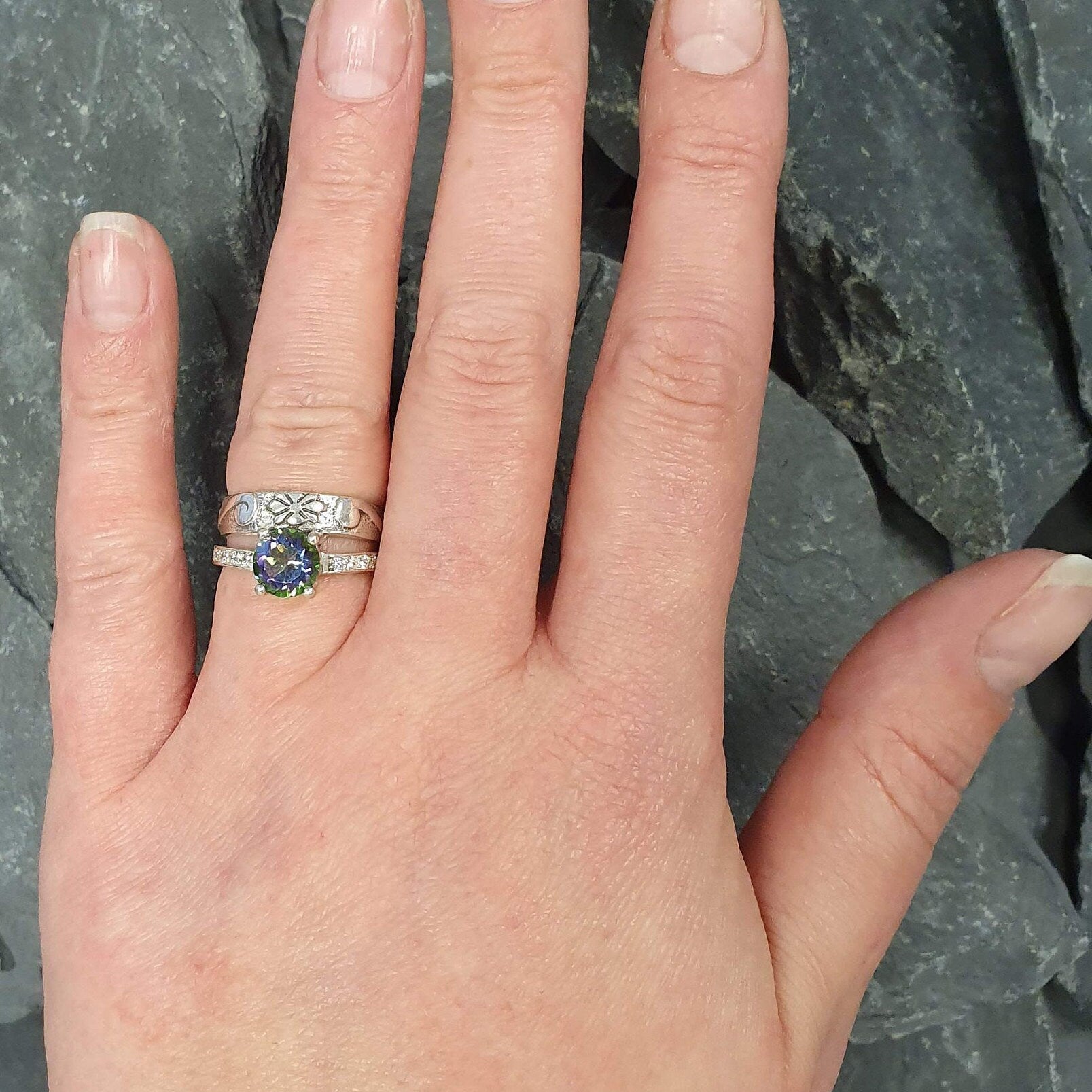 Mystic Topaz Ring, Natural Mystic Topaz, Double Band Ring, Vintage Ring, Purple Diamond Ring, Sparkly Ring, Wide Band Ring, 925 Silver Ring