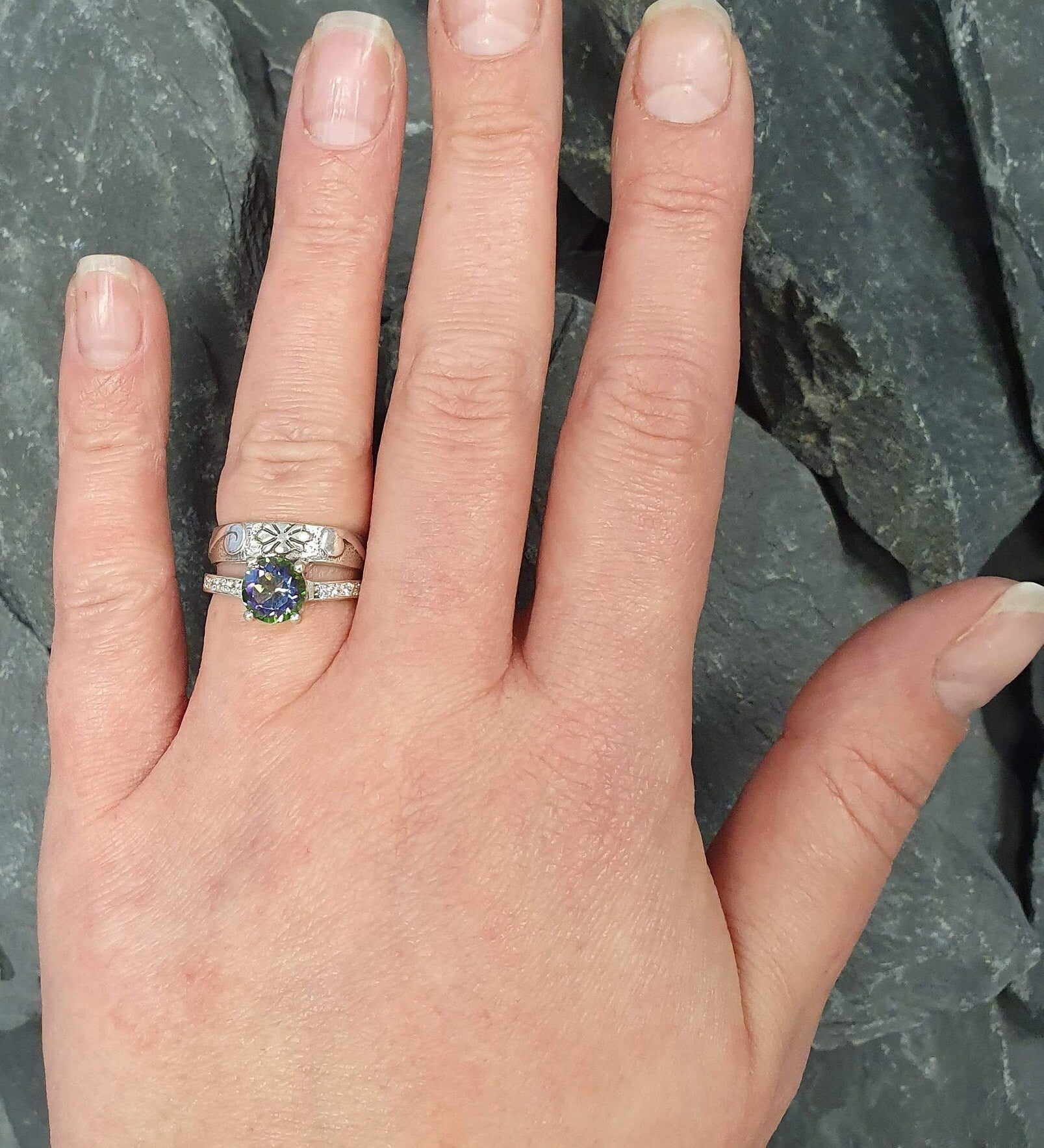 Mystic Topaz Ring, Natural Mystic Topaz, Double Band Ring, Vintage Ring, Purple Diamond Ring, Sparkly Ring, Wide Band Ring, 925 Silver Ring